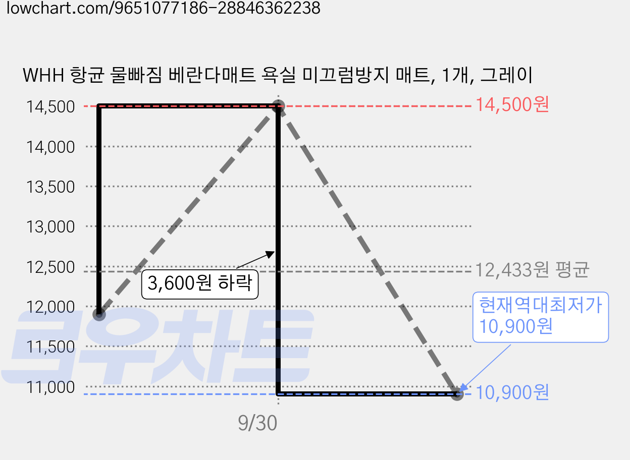 WHH 항균 물빠짐 베란다매트 욕실 미끄럼방지 매트, 1개, 그레이 가격 변동 차트, 현재가 10,900원, 역대최저가