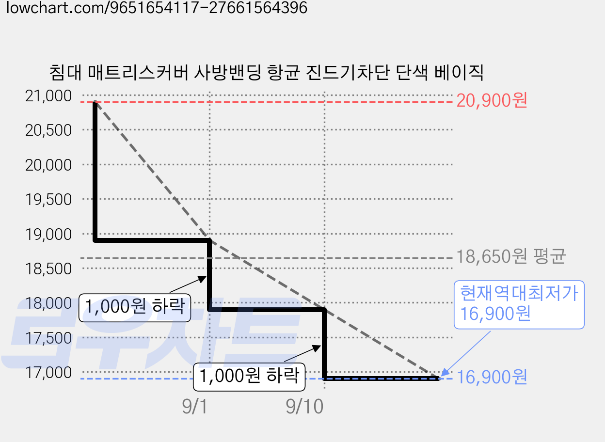 침대 매트리스커버 사방밴딩 항균 진드기차단 단색 베이직 가격 변동 차트, 현재가 16,900원, 역대최저가