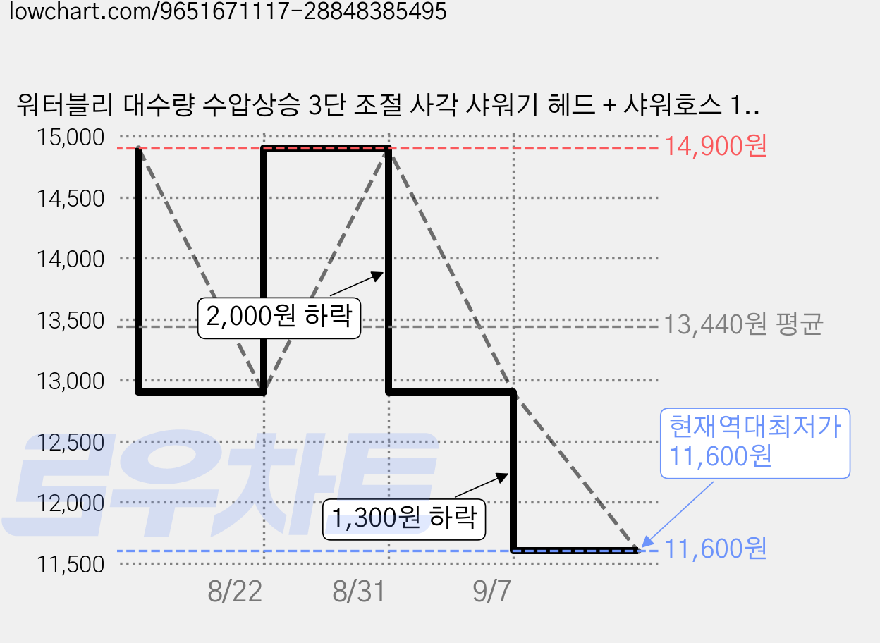 워터블리 대수량 수압상승 3단 조절 사각 샤워기 헤드 + 샤워호스 1.5m + 거치대 세트, 실버, 1세트 가격 변동 차트, 현재가 11,600원, 역대최저가
