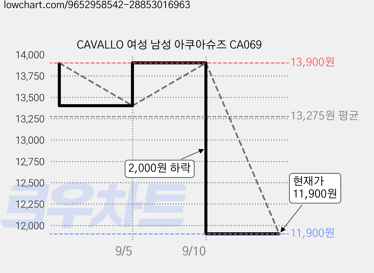 CAVALLO 여성 남성 아쿠아슈즈 CA069 가격 변동 차트, 현재가 11,900원, 관측 최저가 9,900원