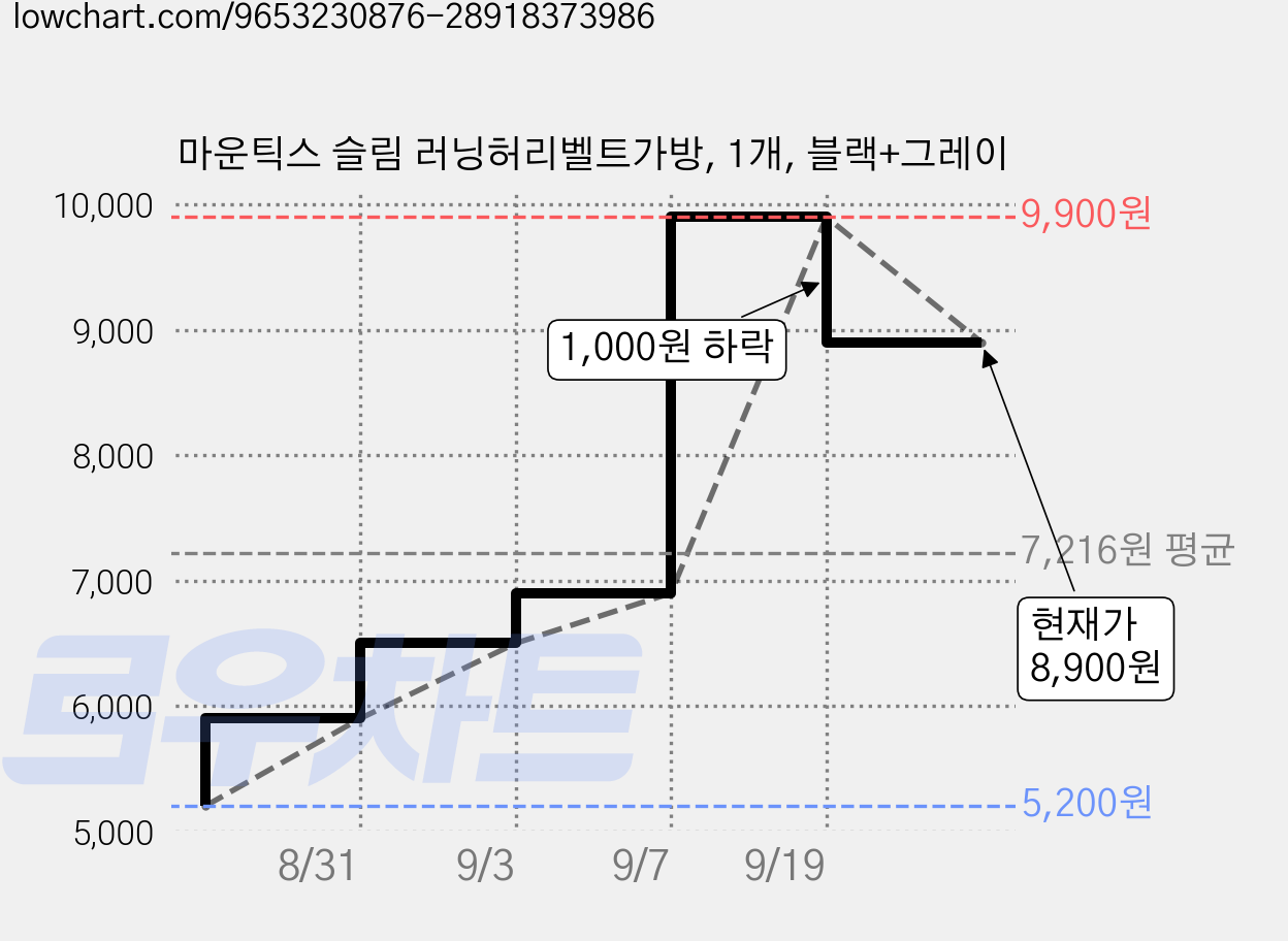 마운틱스 슬림 러닝허리벨트가방, 1개, 블랙+그레이 가격 변동 차트, 현재가 8,900원, 관측 최저가 5,200원