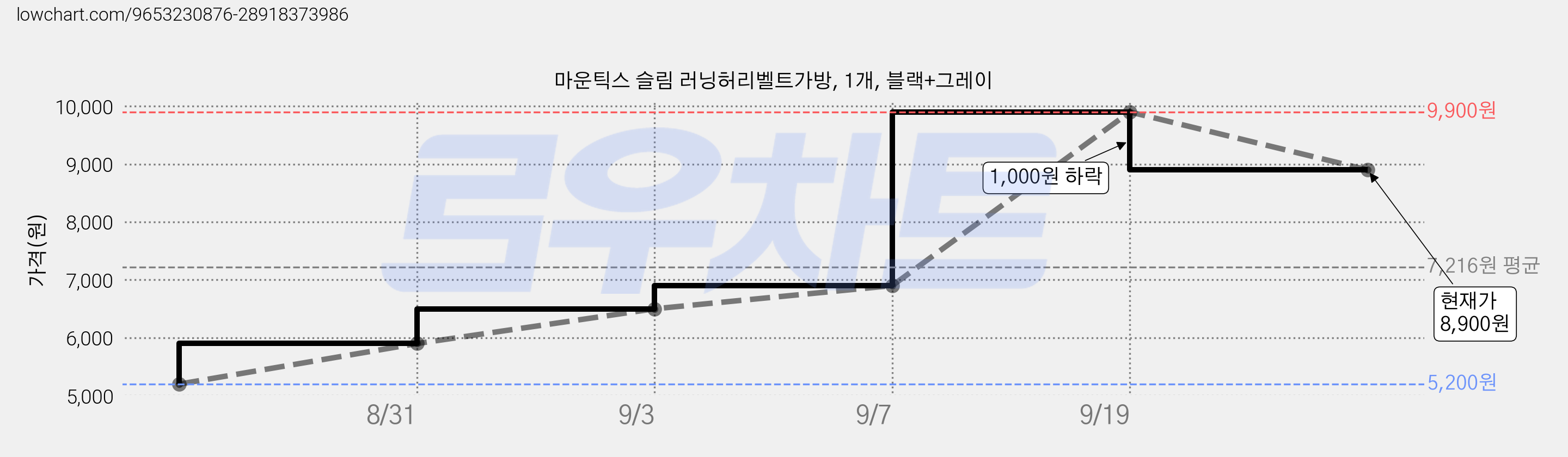 마운틱스 슬림 러닝허리벨트가방, 1개, 블랙+그레이 가격 변동 차트, 현재가 8,900원, 관측 최저가 5,200원