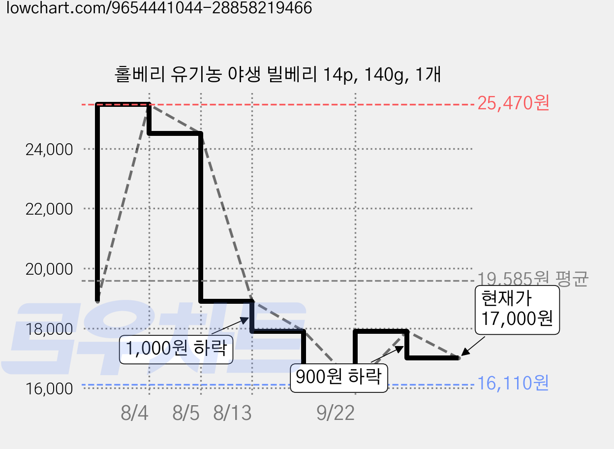 홀베리 유기농 야생 빌베리 14p, 140g, 1개 가격 변동 차트, 현재가 17,000원, 관측 최저가 16,110원