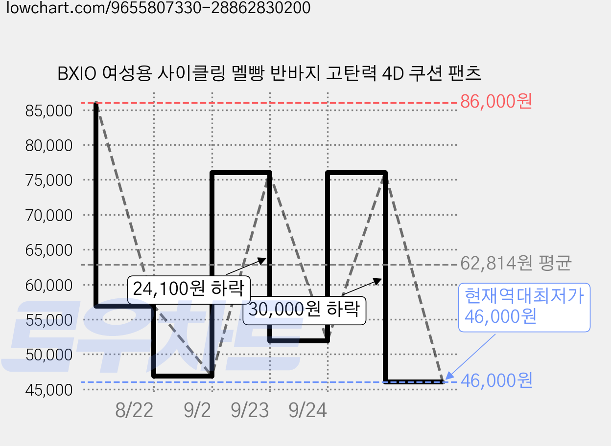 BXIO 여성용 사이클링 멜빵 반바지 고탄력 4D 쿠션 팬츠 가격 변동 차트, 현재가 46,000원, 역대최저가