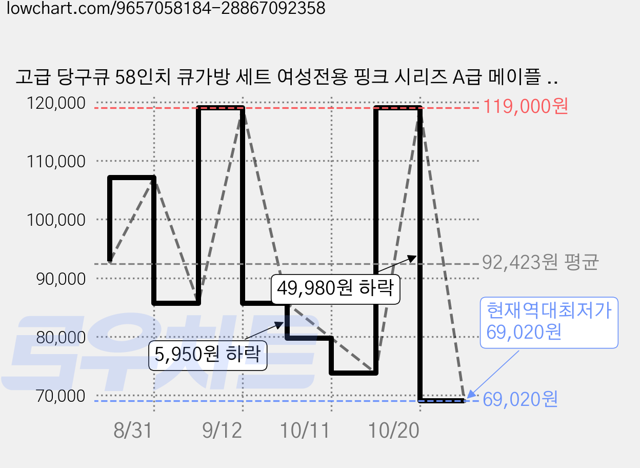 고급 당구큐 58인치 큐가방 세트 여성전용 핑크 시리즈 A급 메이플 샤프트 미끄럼방지 그립 여성 선물용, 1세트, 핑크 미끄럼방지 가죽 그립 가격 변동 차트, 현재가 69,020원, 역대최저가