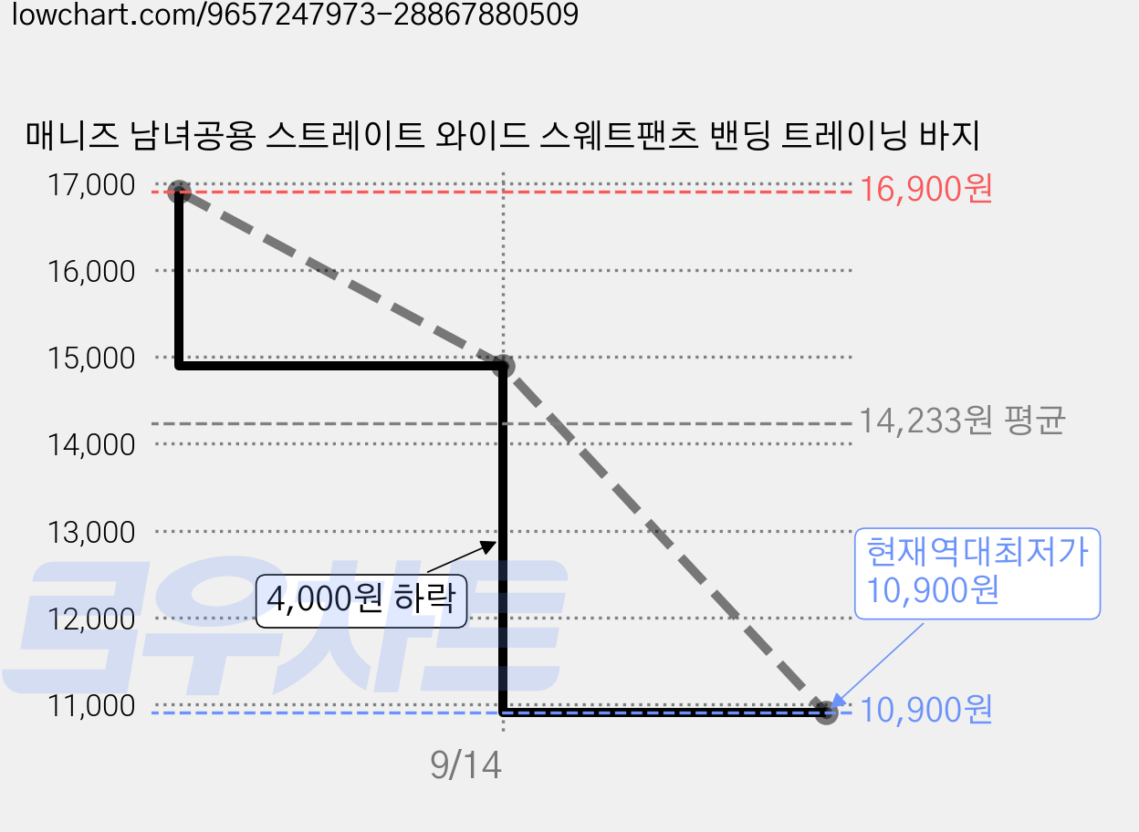매니즈 남녀공용 스트레이트 와이드 스웨트팬츠 밴딩 트레이닝 바지 가격 변동 차트, 현재가 10,900원, 역대최저가
