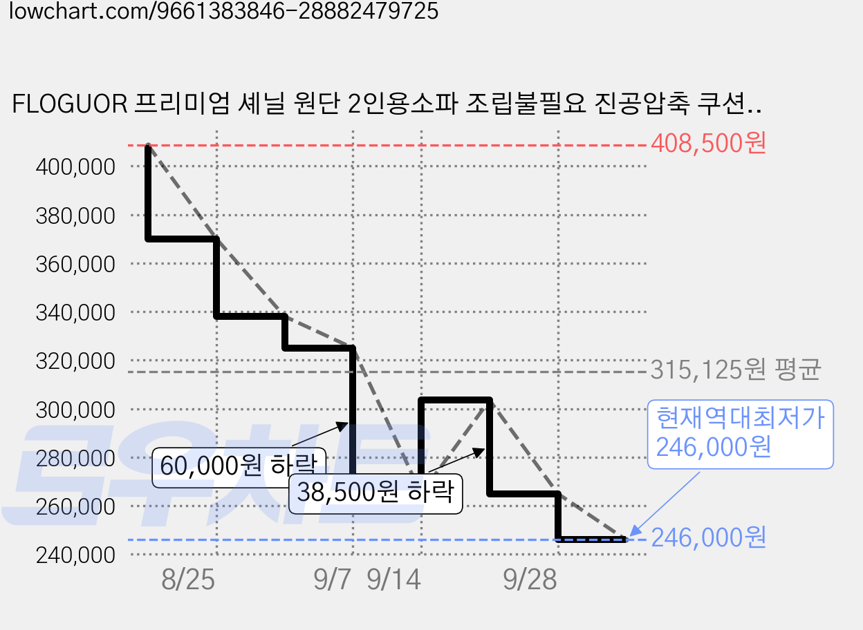 FLOGUOR 프리미엄 셰닐 원단 2인용소파 조립불필요 진공압축 쿠션 포함, 그레이 가격 변동 차트, 현재가 246,000원, 역대최저가