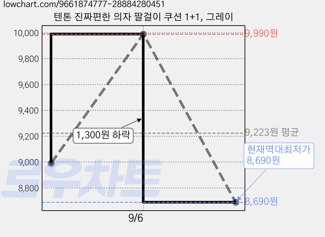 텐톤 진짜편한 의자 팔걸이 쿠션 1+1, 그레이 가격 변동 차트, 현재가 8,690원, 역대최저가