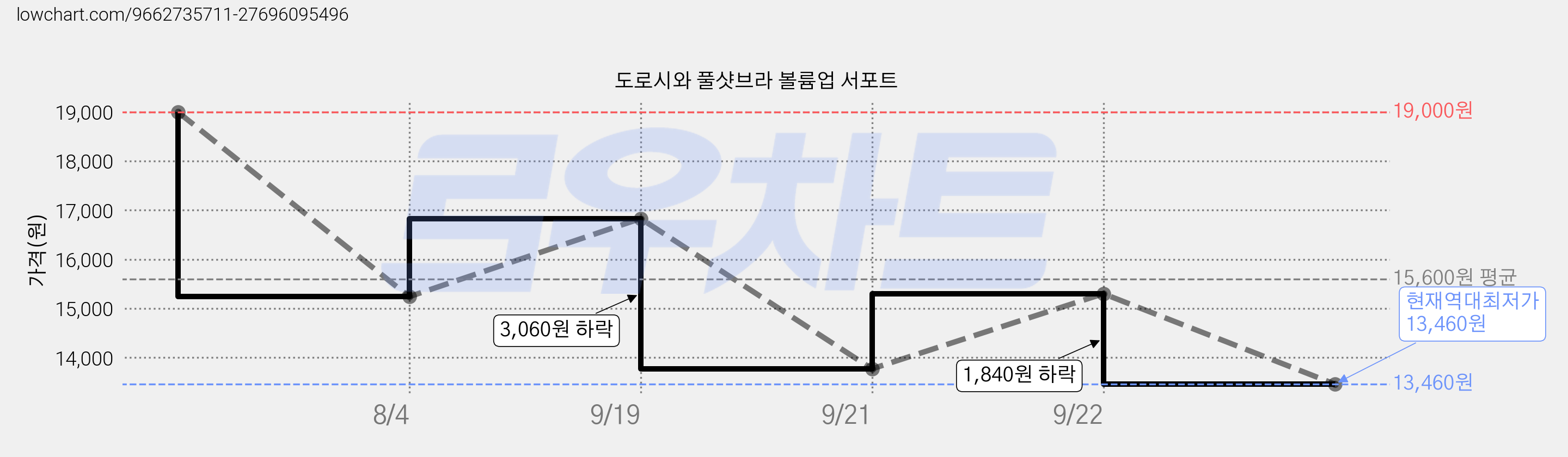 도로시와 풀샷브라 볼륨업 서포트 가격 변동 차트, 현재가 13,460원, 역대최저가