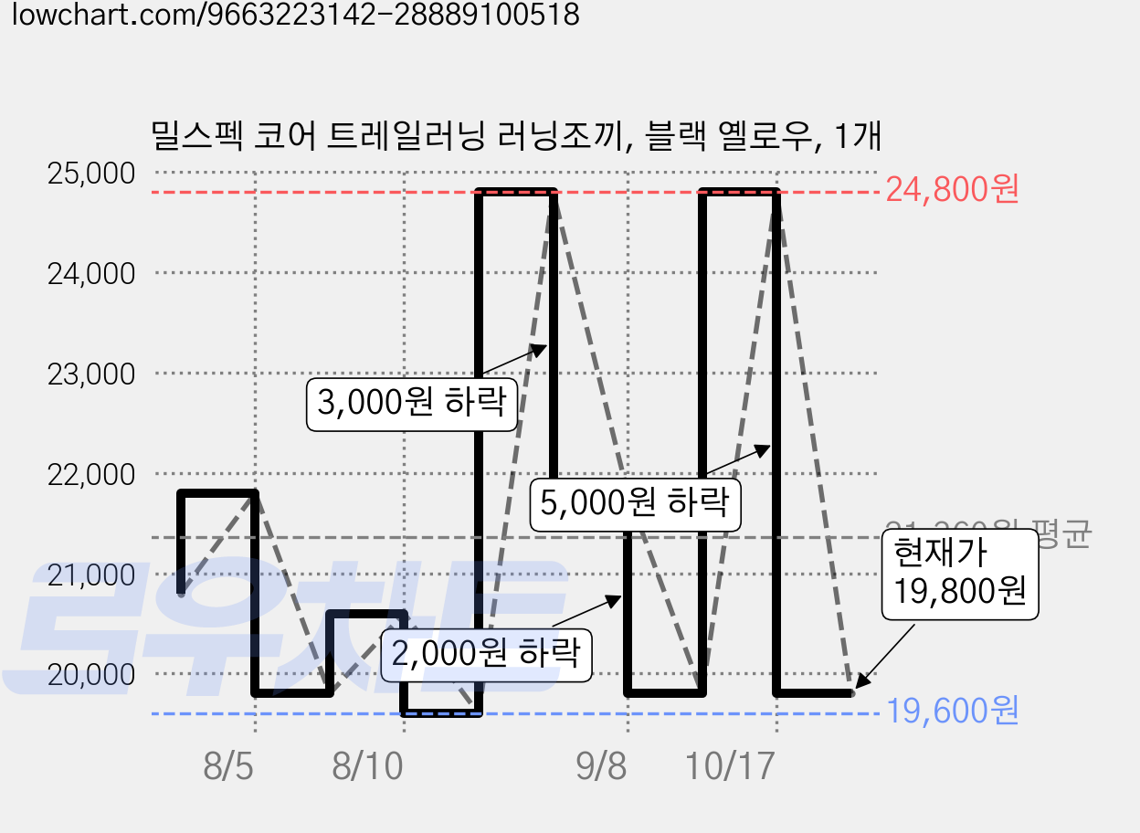 밀스펙 코어 트레일러닝 러닝조끼, 블랙 옐로우, 1개 가격 변동 차트, 현재가 19,800원, 관측 최저가 19,600원