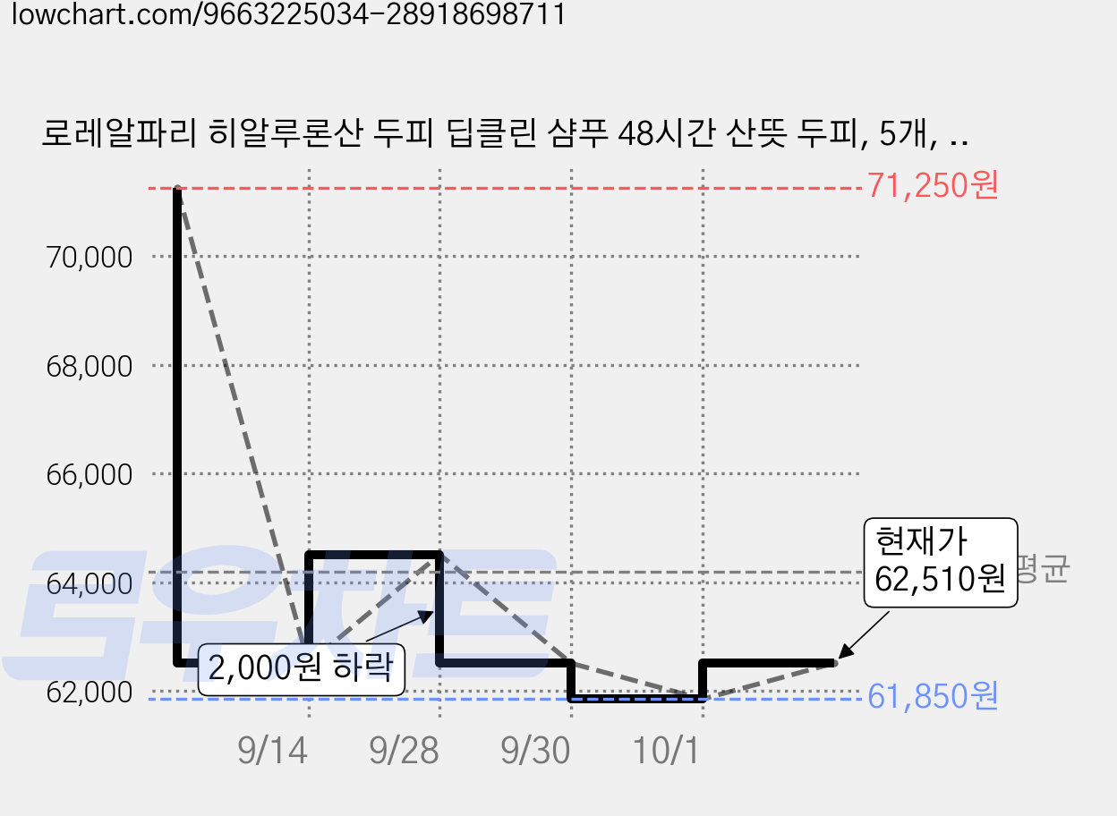 로레알파리 히알루론산 두피 딥클린 샴푸 48시간 산뜻 두피, 5개, 700ml 가격 변동 차트, 현재가 62,510원, 관측 최저가 61,260원