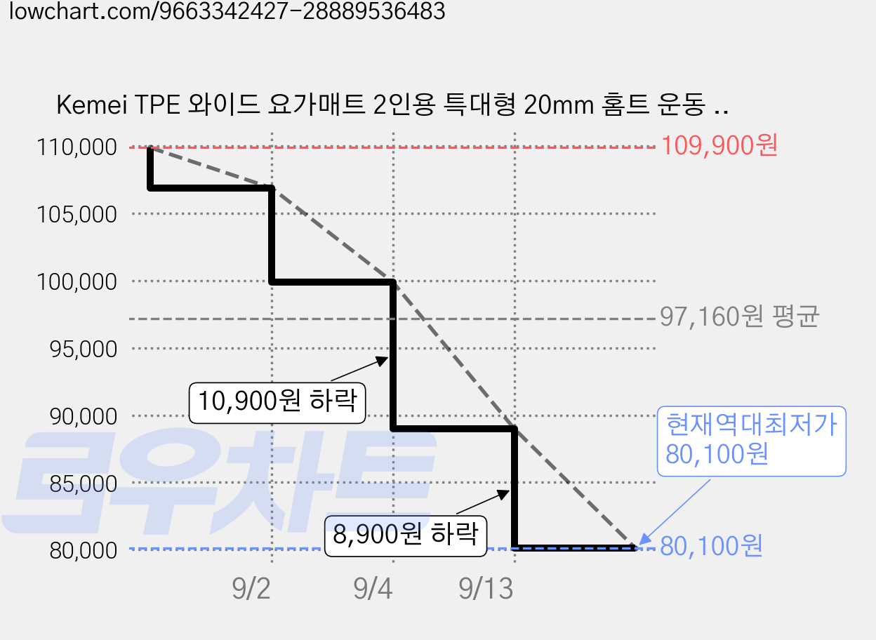 Kemei TPE 와이드 요가매트 2인용 특대형 20mm 홈트 운동 매트 실내 스트레칭 미끄럼방지, 1개, 블루 가격 변동 차트, 현재가 80,100원, 역대최저가