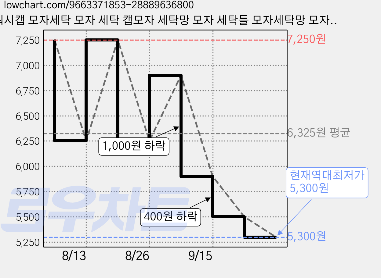워시캡 모자세탁 모자 세탁 캡모자 세탁망 모자 세탁틀 모자세탁망 모자 세탁망, 화이트, 1개 가격 변동 차트, 현재가 5,300원, 역대최저가