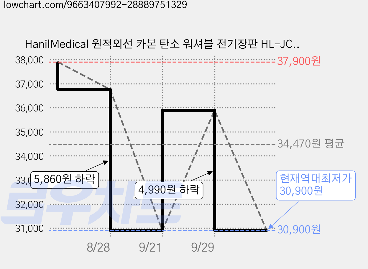 HanilMedical 원적외선 카본 탄소 워셔블 전기장판 HL-JC201S, 싱글(100 x 180 cm) 가격 변동 차트, 현재가 30,900원, 역대최저가