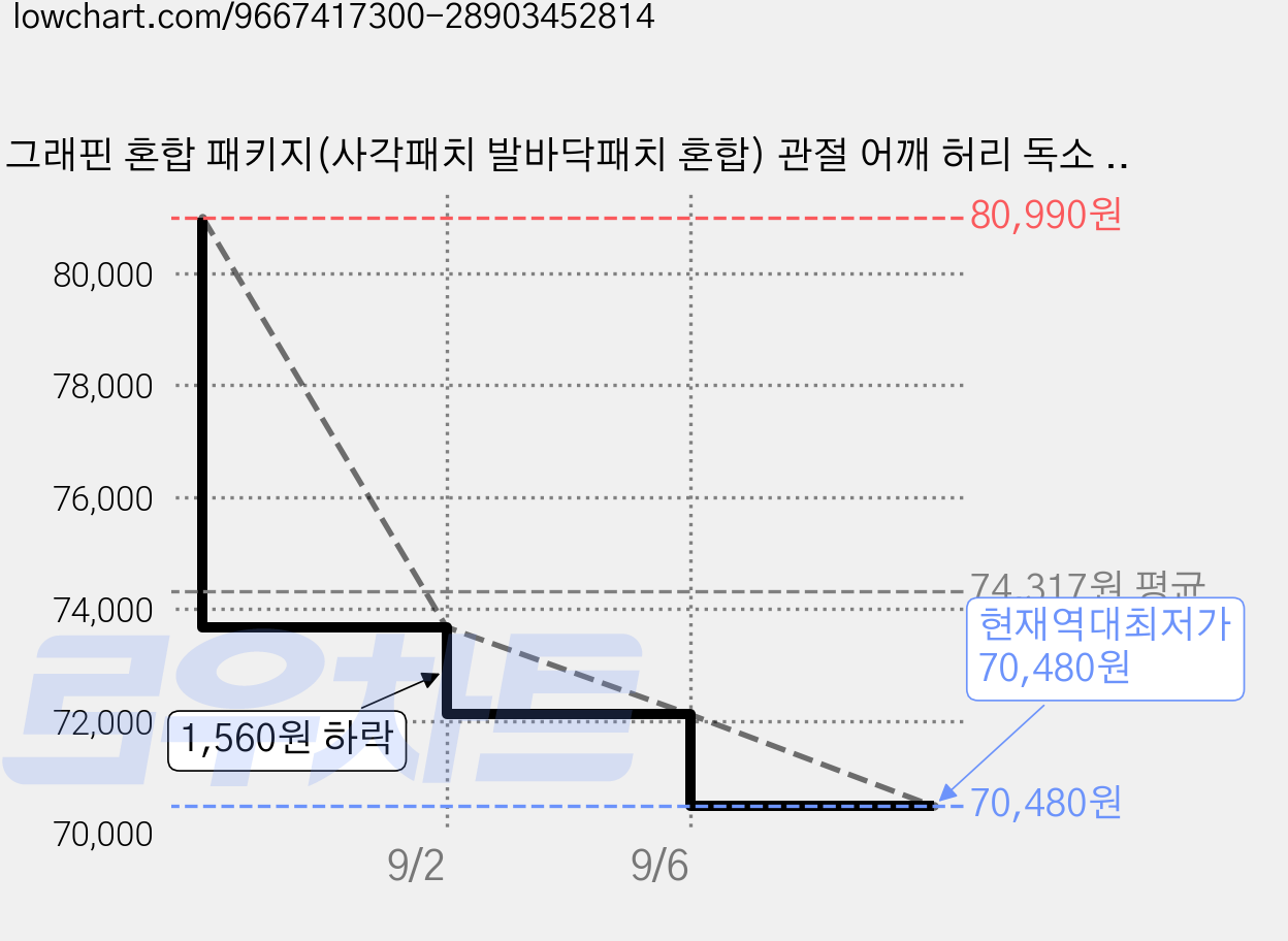 그래핀 혼합 패키지(사각패치 발바닥패치 혼합) 관절 어깨 허리 독소 붓기 풋케어 피로회복 간편부착 파스, 1세트, 6박스 가격 변동 차트, 현재가 70,480원, 역대최저가