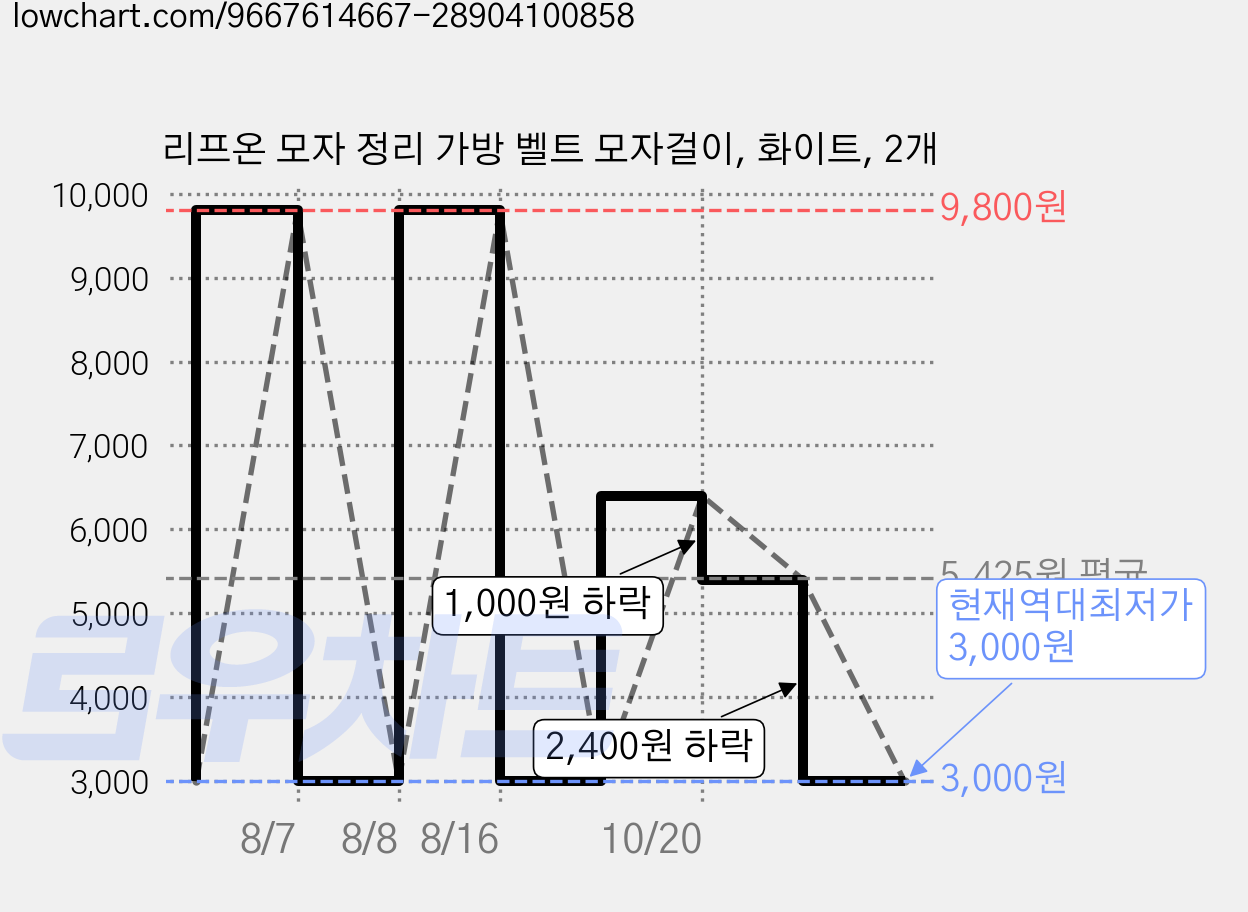 리프온 모자 정리 가방 벨트 모자걸이, 화이트, 2개 가격 변동 차트, 현재가 3,000원, 역대최저가