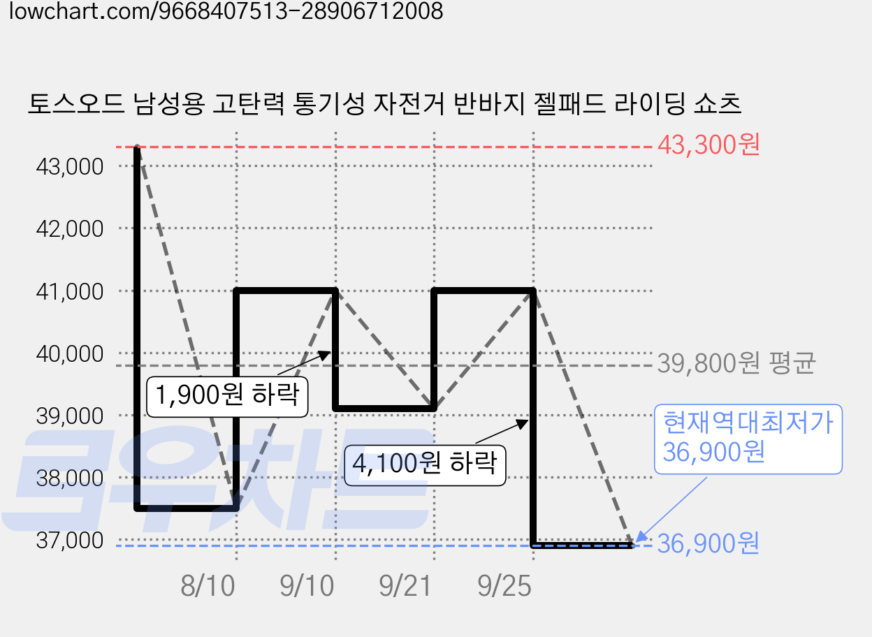토스오드 남성용 고탄력 통기성 자전거 반바지 젤패드 라이딩 쇼츠 가격 변동 차트, 현재가 36,900원, 역대최저가