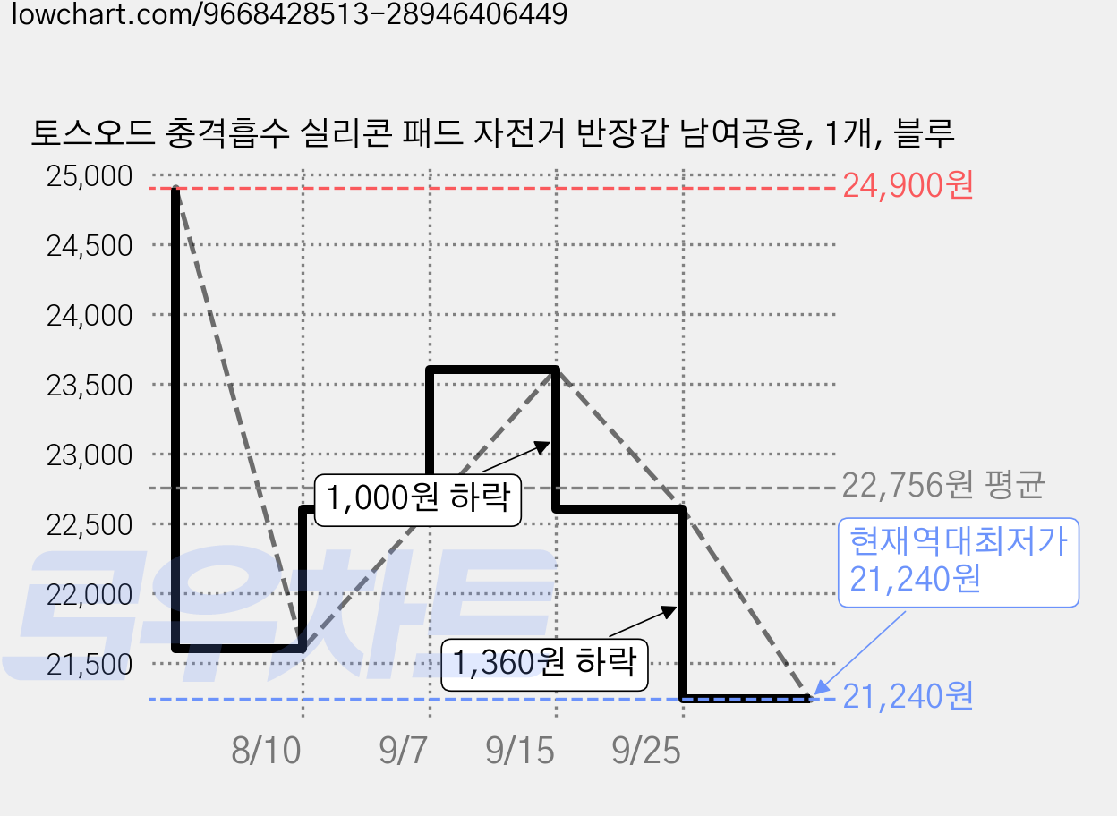 토스오드 충격흡수 실리콘 패드 자전거 반장갑 남여공용, 1개, 블루 가격 변동 차트, 현재가 21,240원, 역대최저가