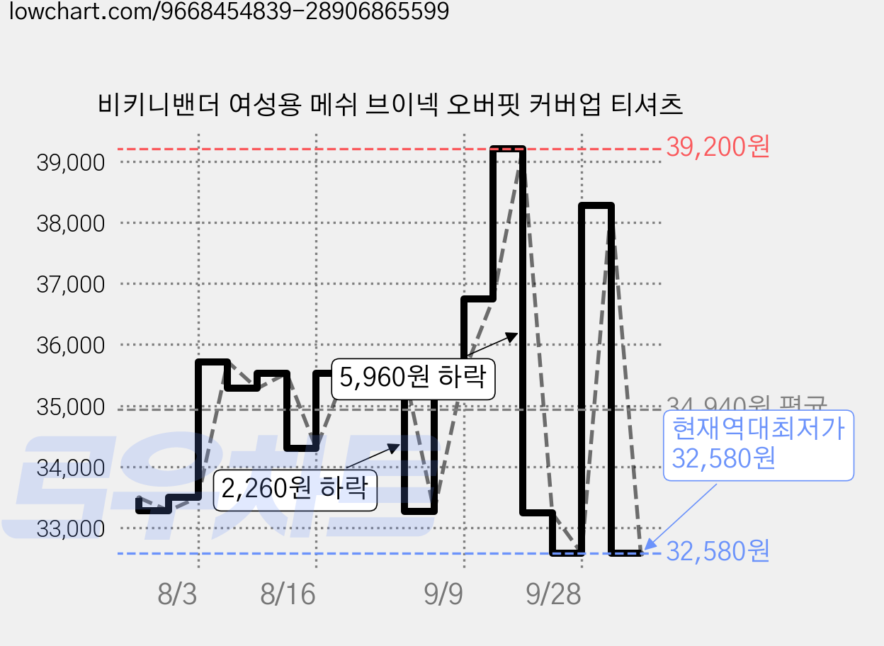 비키니밴더 여성용 메쉬 브이넥 오버핏 커버업 티셔츠 가격 변동 차트, 현재가 32,580원, 역대최저가