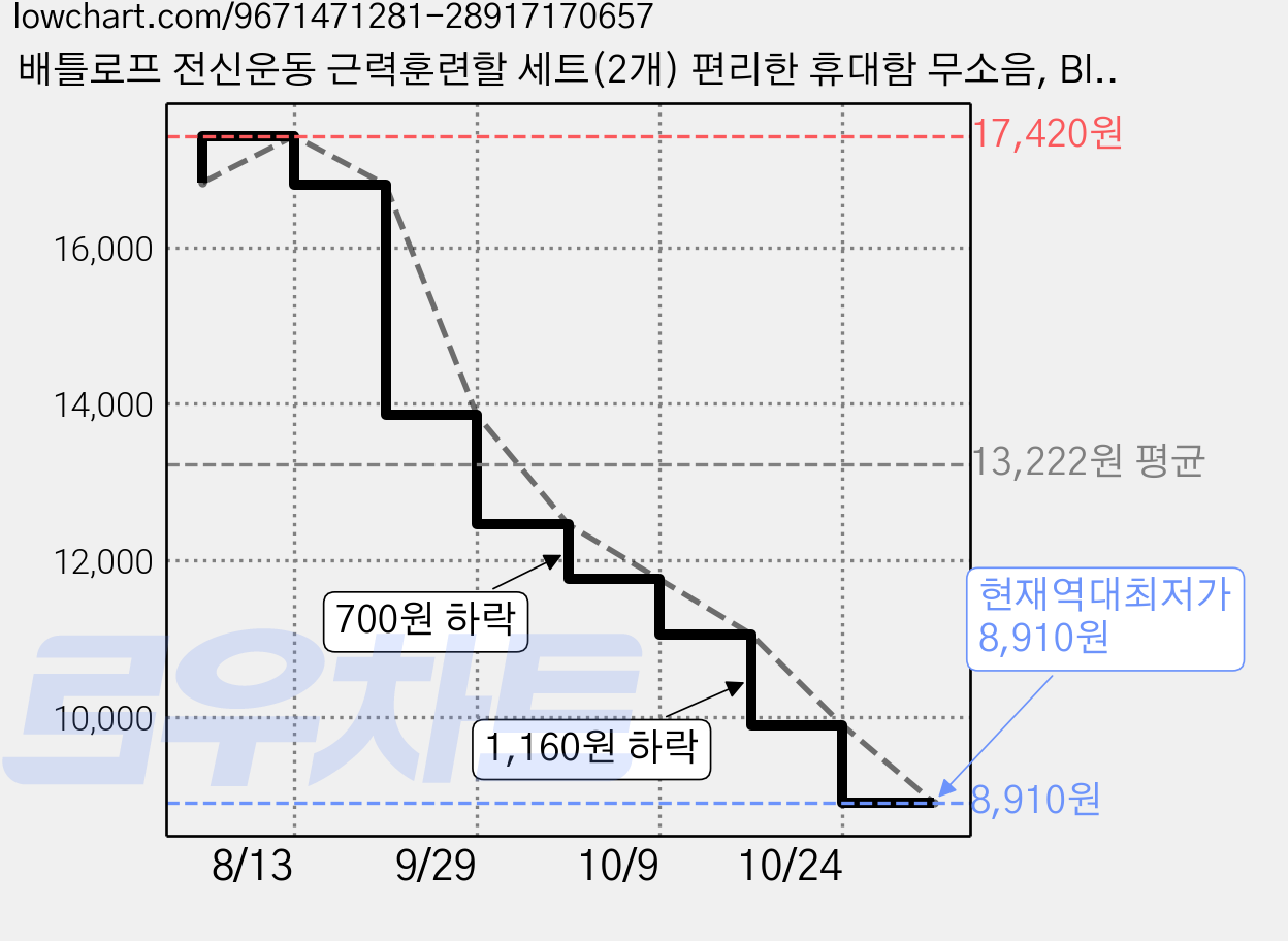 배틀로프 전신운동 근력훈련할 세트(2개) 편리한 휴대함 무소음, Black 가격 변동 차트, 현재가 8,910원, 역대최저가