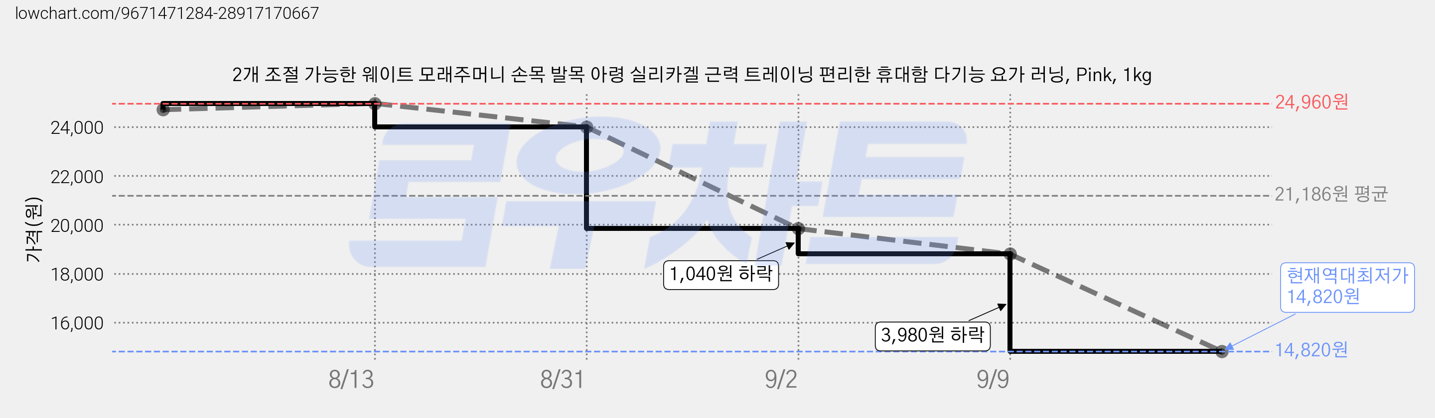 2개 조절 가능한 웨이트 모래주머니 손목 발목 아령 실리카겔 근력 트레이닝 편리한 휴대함 다기능 요가 러닝, Pink, 1kg 가격 변동 차트, 현재가 14,820원, 역대최저가