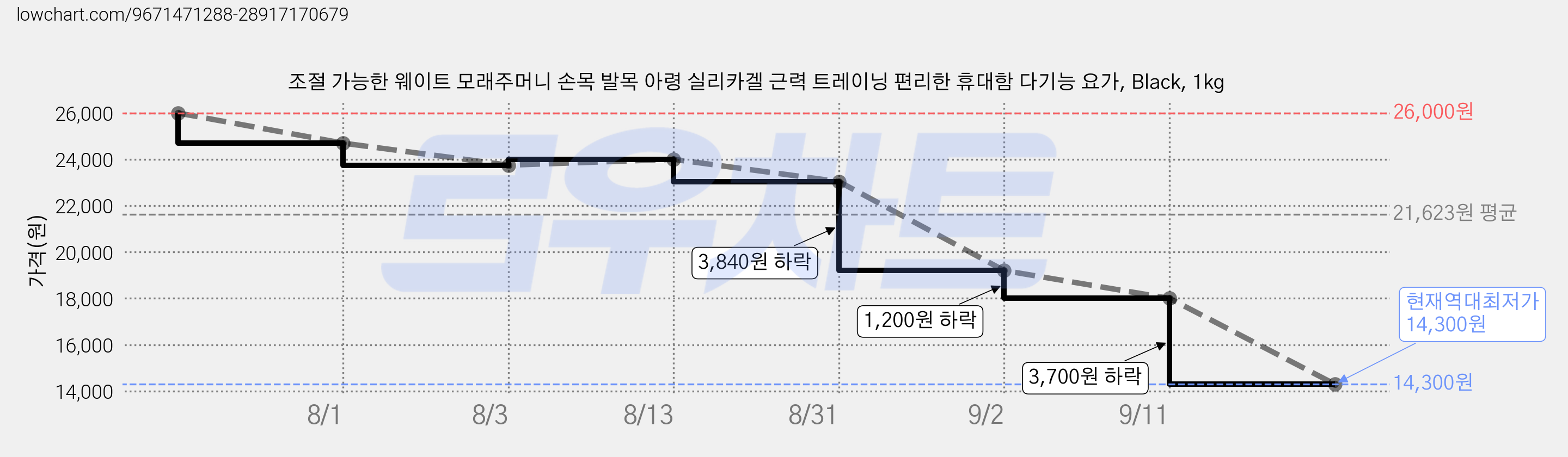 조절 가능한 웨이트 모래주머니 손목 발목 아령 실리카겔 근력 트레이닝 편리한 휴대함 다기능 요가, Black, 1kg 가격 변동 차트, 현재가 14,300원, 역대최저가