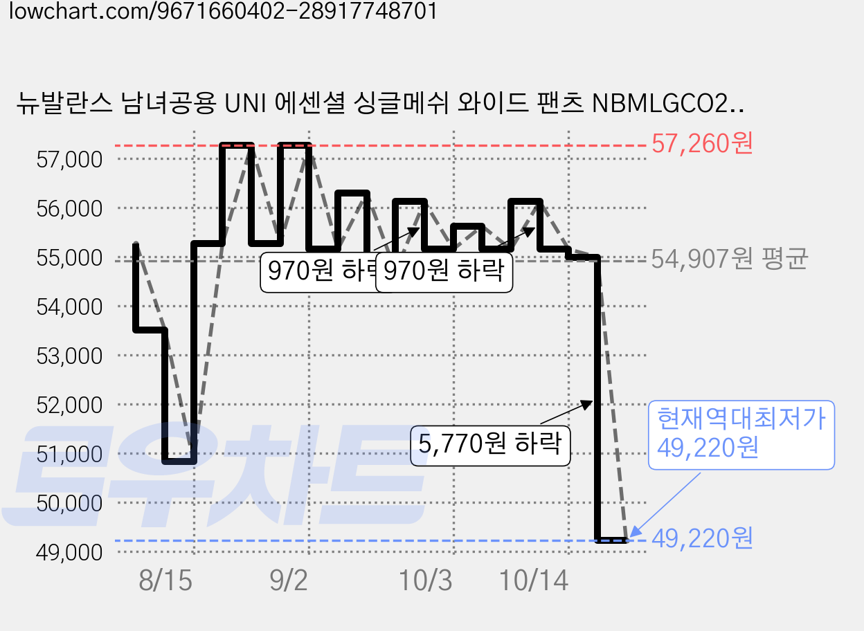 뉴발란스 남녀공용 UNI 에센셜 싱글메쉬 와이드 팬츠 NBMLGCO253 가격 변동 차트, 현재가 49,220원, 역대최저가