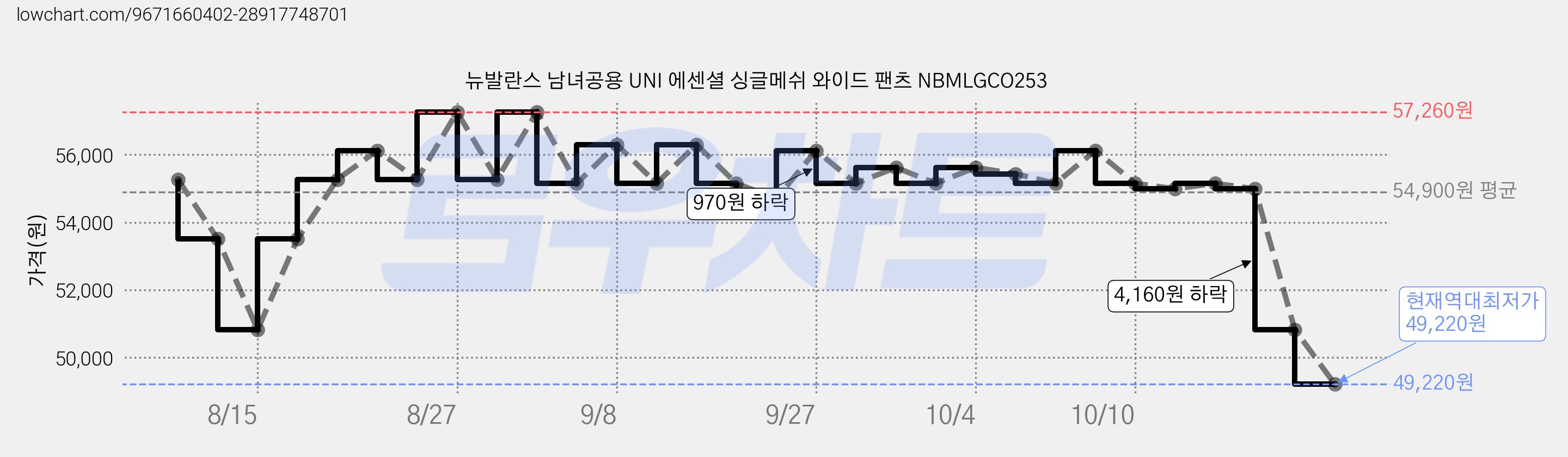 뉴발란스 남녀공용 UNI 에센셜 싱글메쉬 와이드 팬츠 NBMLGCO253 가격 변동 차트, 현재가 49,220원, 역대최저가