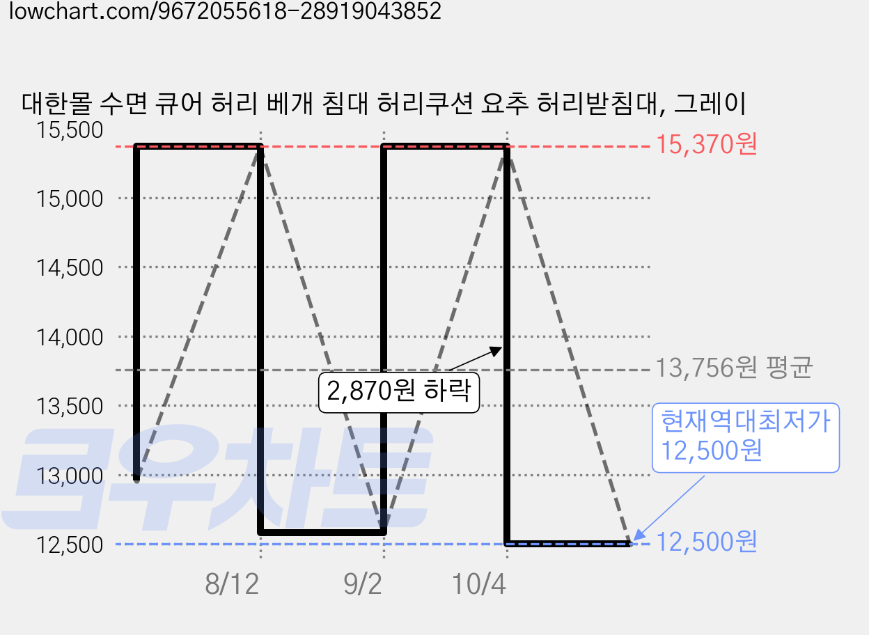 대한몰 수면 큐어 허리 베개 침대 허리쿠션 요추 허리받침대, 그레이 가격 변동 차트, 현재가 12,500원, 역대최저가
