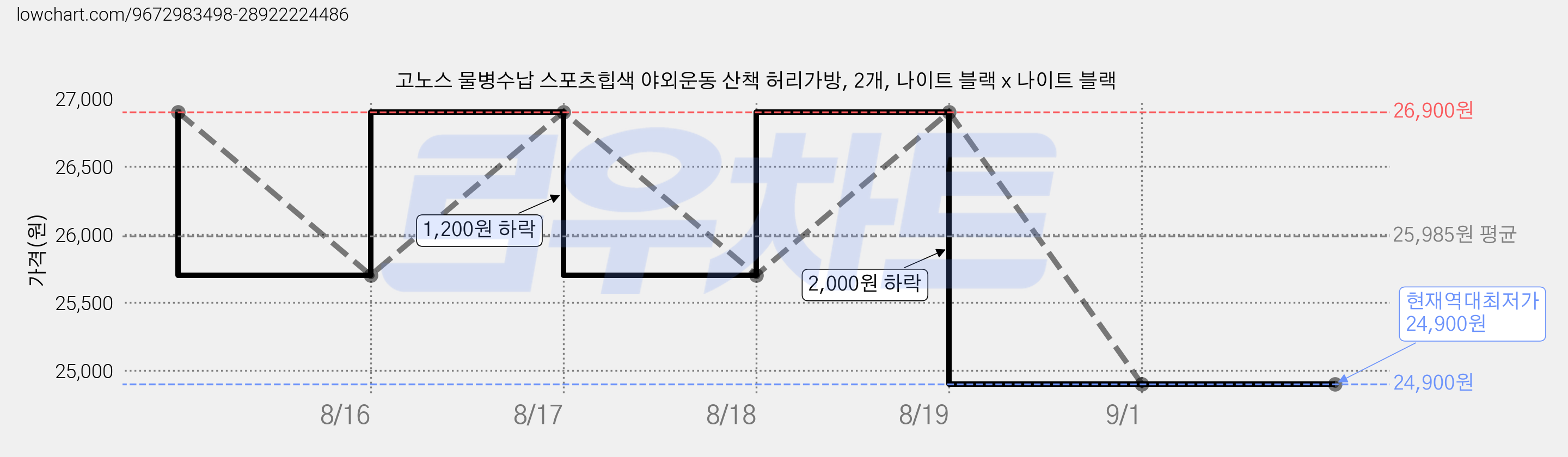 고노스 물병수납 스포츠힙색 야외운동 산책 허리가방, 2개, 나이트 블랙 x 나이트 블랙 가격 변동 차트, 현재가 24,900원, 역대최저가
