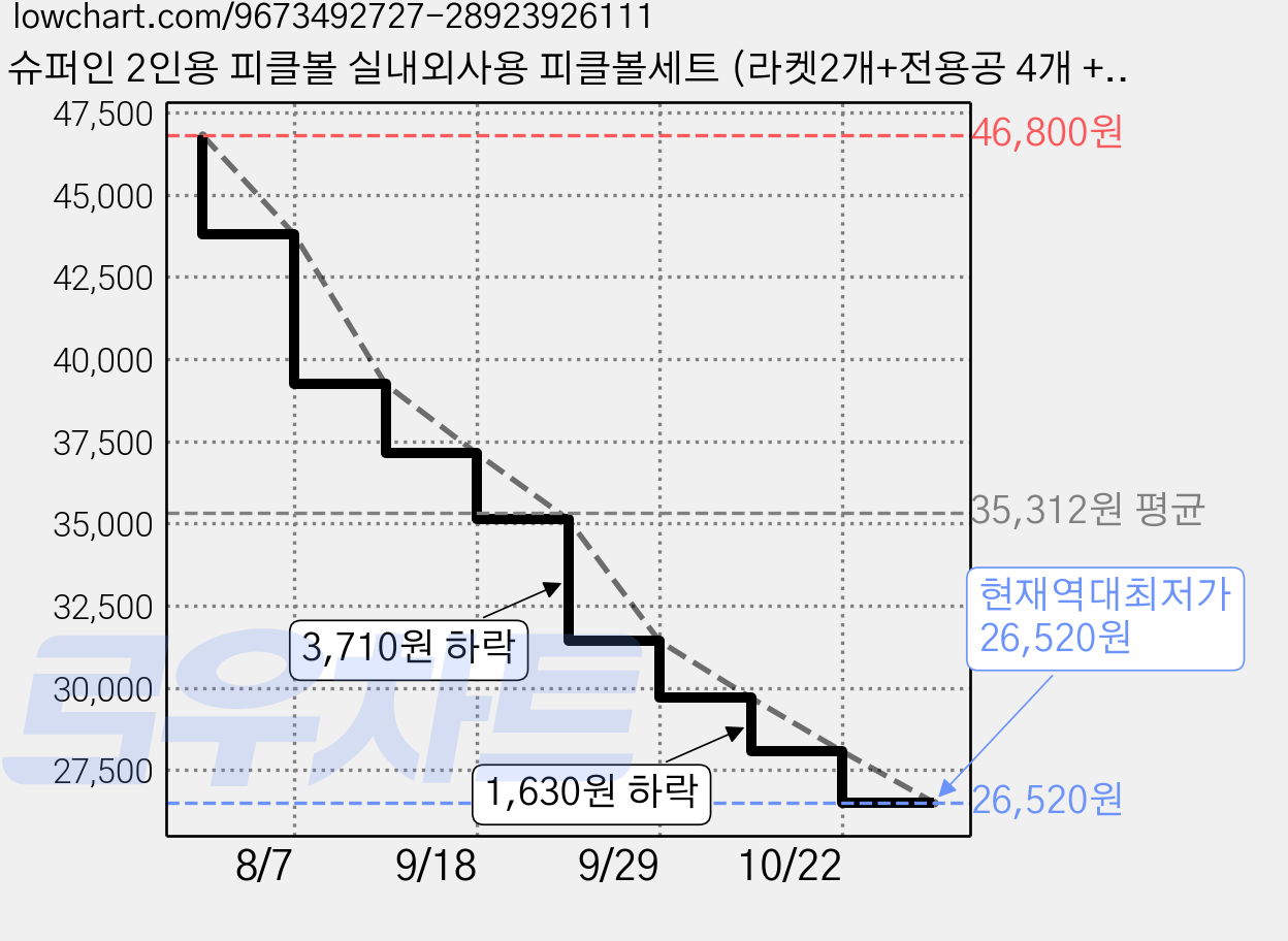 슈퍼인 2인용 피클볼 실내외사용 피클볼세트 (라켓2개+전용공 4개 +가방 1개), 1세트, 퍼플 가격 변동 차트, 현재가 26,520원, 역대최저가