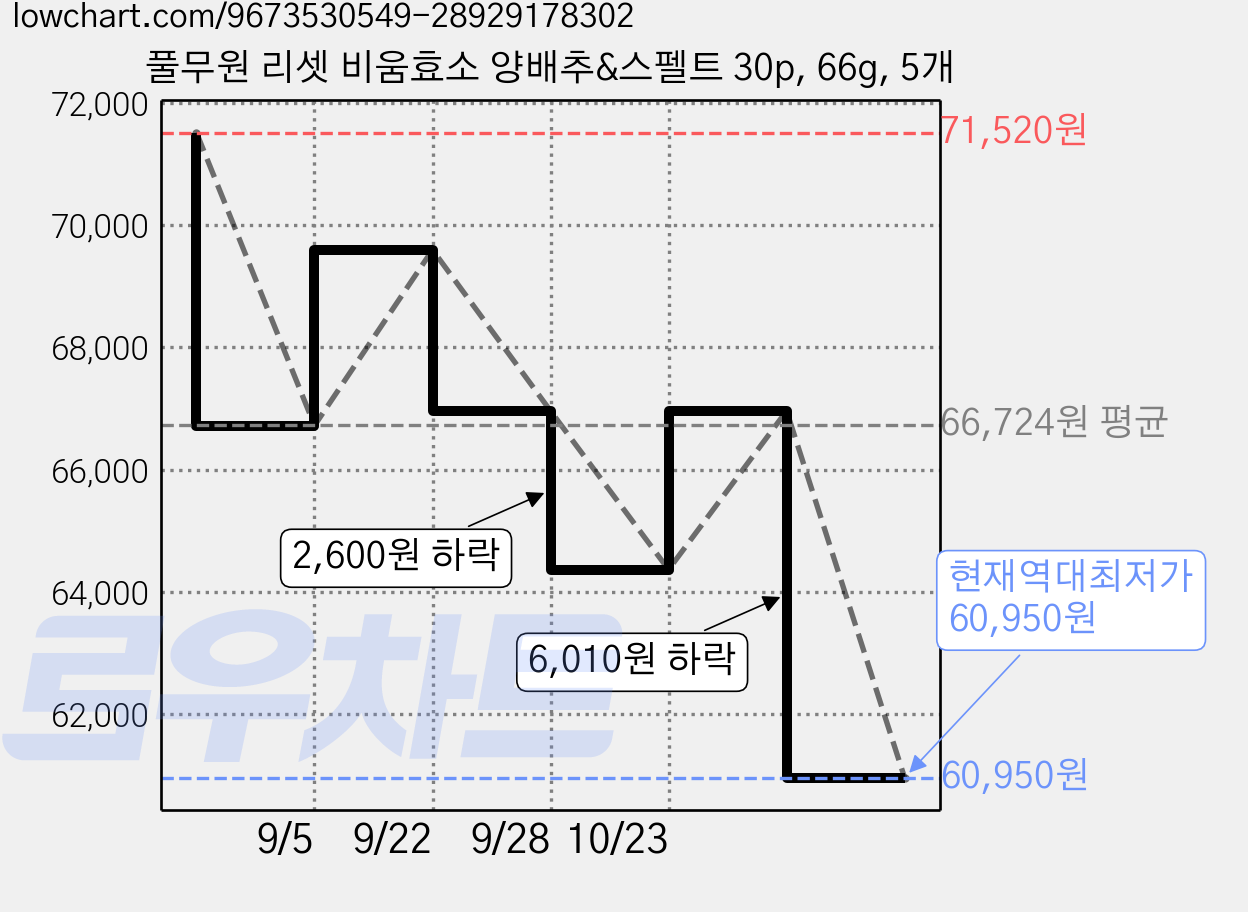 풀무원 리셋 비움효소 양배추&스펠트 30p, 66g, 5개 가격 변동 차트, 현재가 60,950원, 역대최저가