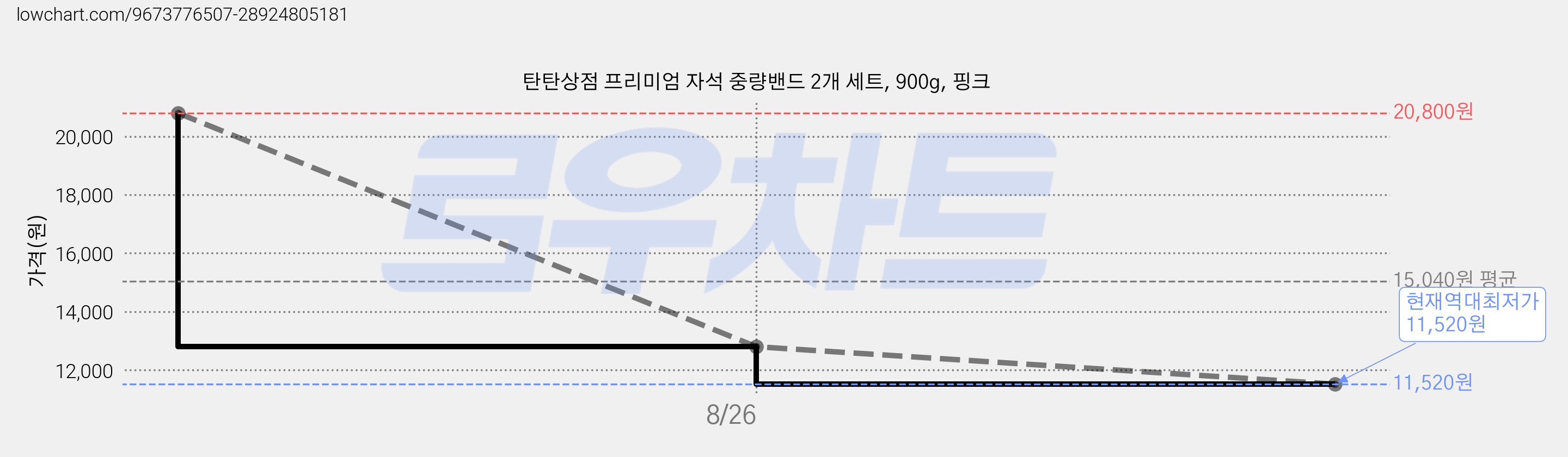 탄탄상점 프리미엄 자석 중량밴드 2개 세트, 900g, 핑크 가격 변동 차트, 현재가 11,520원, 역대최저가