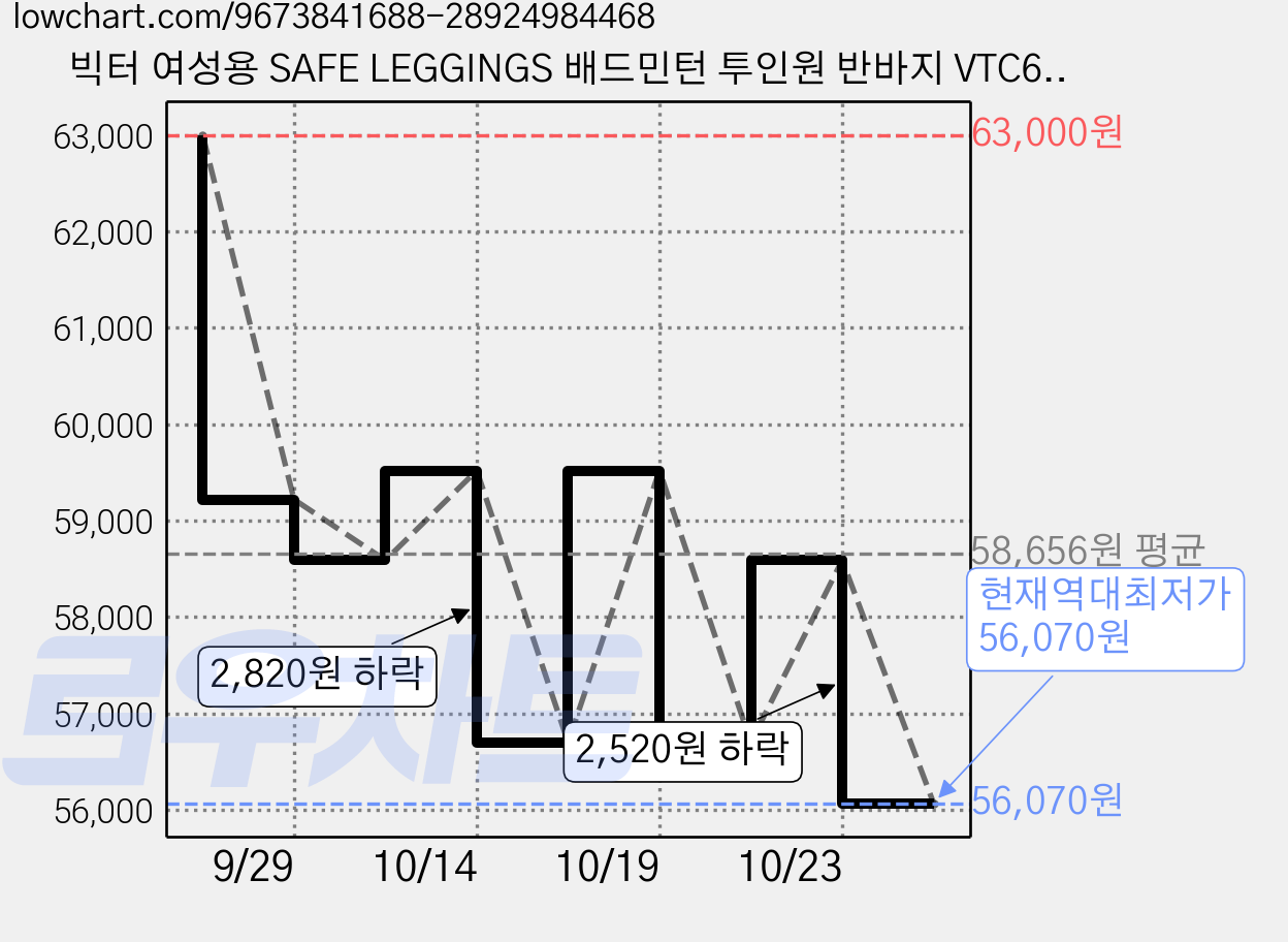 빅터 여성용 SAFE LEGGINGS 배드민턴 투인원 반바지 VTC6CPS002F 가격 변동 차트, 현재가 56,070원, 역대최저가