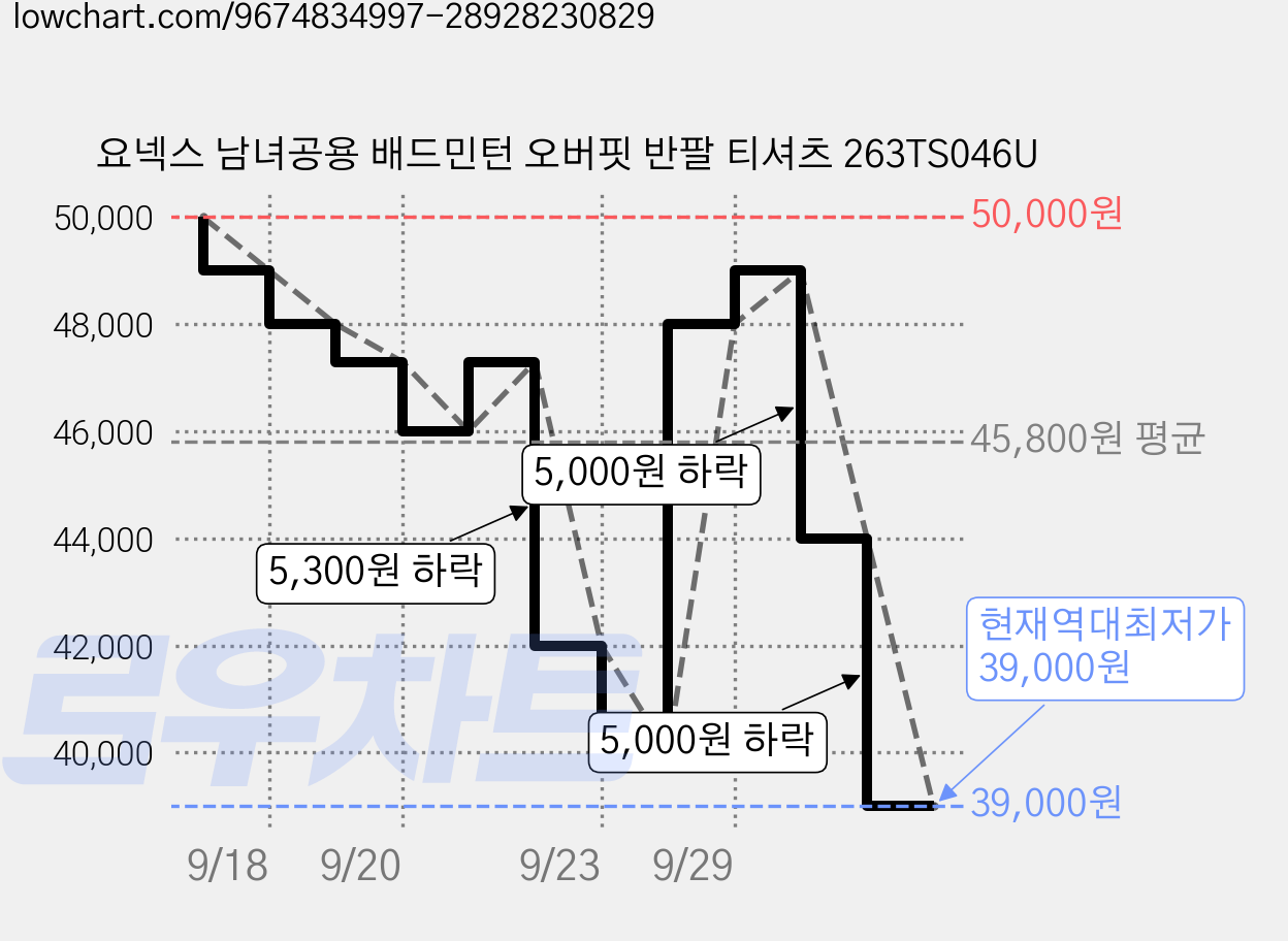 요넥스 남녀공용 배드민턴 오버핏 반팔 티셔츠 263TS046U 가격 변동 차트, 현재가 39,000원, 역대최저가