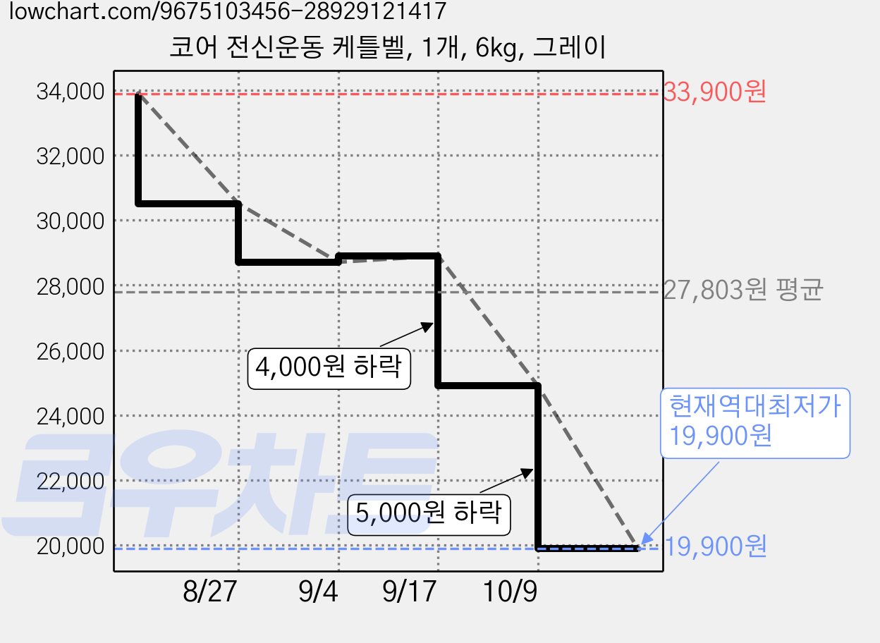 코어 전신운동 케틀벨, 1개, 6kg, 그레이 가격 변동 차트, 현재가 19,900원, 역대최저가