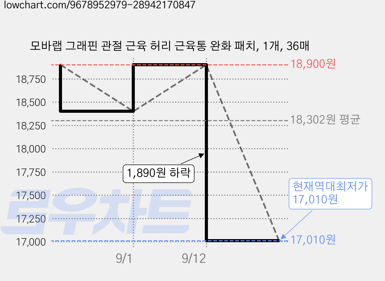 모바랩 그래핀 관절 근육 허리 근육통 완화 패치, 1개, 36매 가격 변동 차트, 현재가 17,010원, 역대최저가