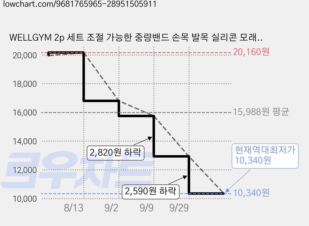 WELLGYM 2p 세트 조절 가능한 중량밴드 손목 발목 실리콘 모래주머니 편리한 휴대함 착용형 아령, Pink, 1kg 가격 변동 차트, 현재가 10,340원, 역대최저가