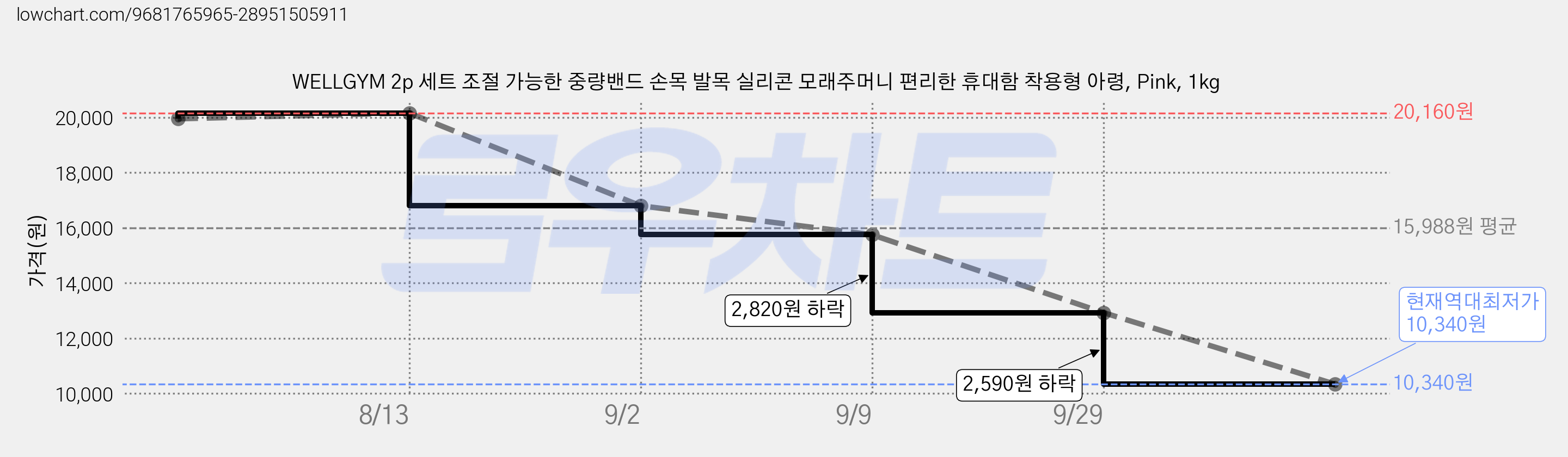 WELLGYM 2p 세트 조절 가능한 중량밴드 손목 발목 실리콘 모래주머니 편리한 휴대함 착용형 아령, Pink, 1kg 가격 변동 차트, 현재가 10,340원, 역대최저가