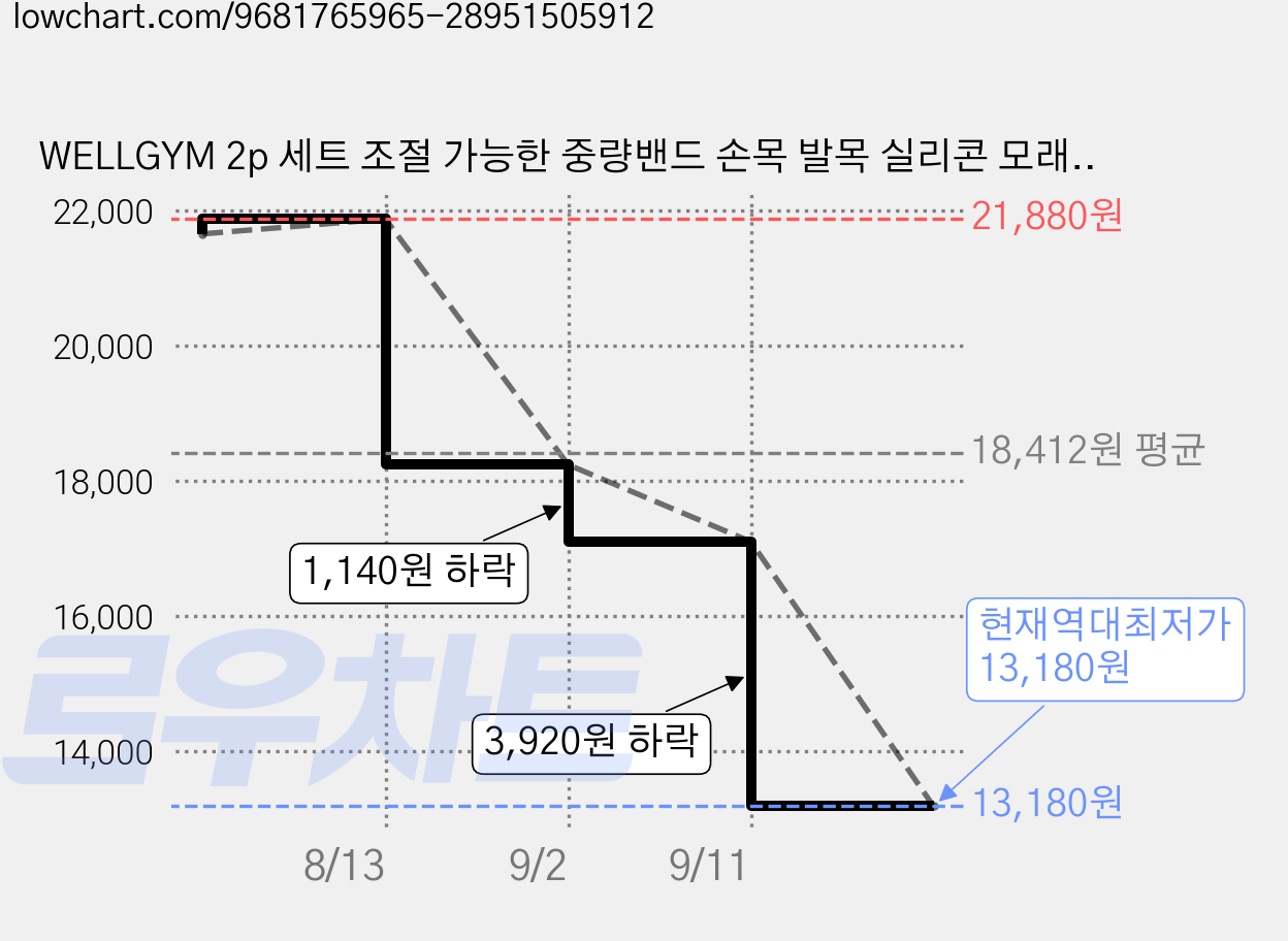 WELLGYM 2p 세트 조절 가능한 중량밴드 손목 발목 실리콘 모래주머니 편리한 휴대함 착용형 아령, Blue+Orange, 1kg 가격 변동 차트, 현재가 13,180원, 역대최저가
