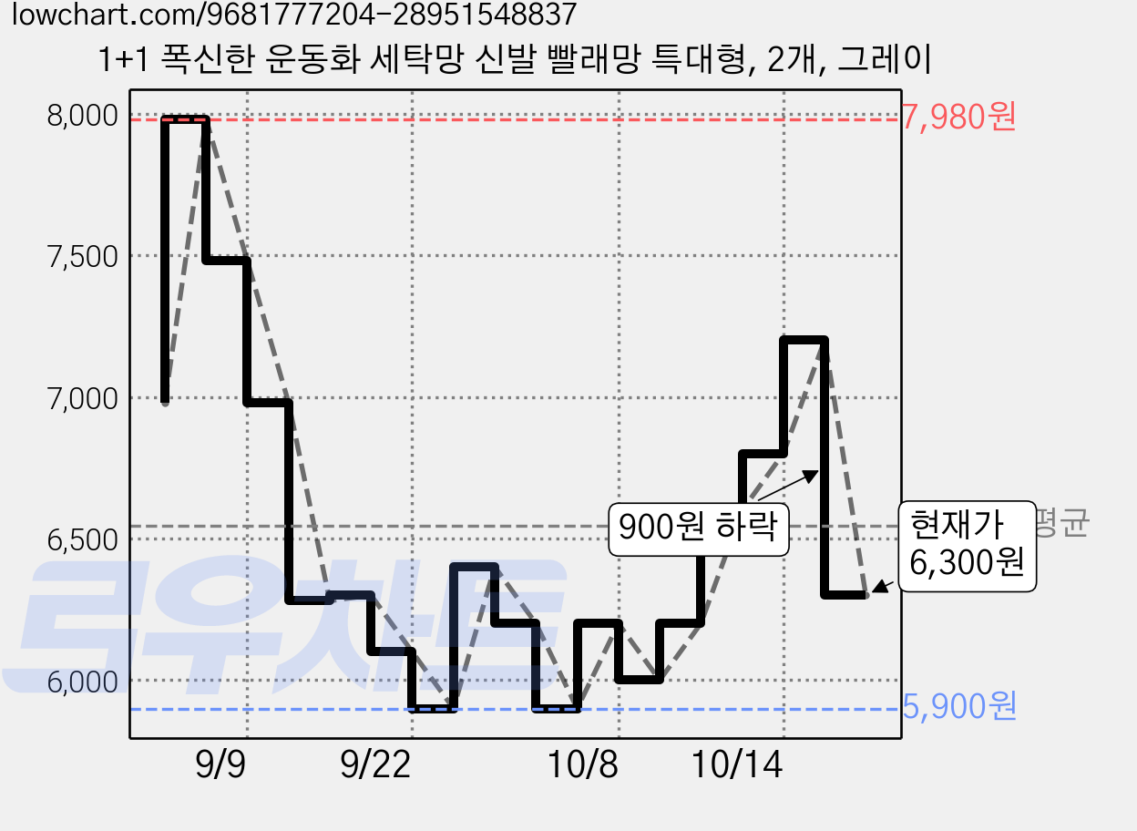 1+1 폭신한 운동화 세탁망 신발 빨래망 특대형, 2개, 그레이 가격 변동 차트, 현재가 6,300원, 관측 최저가 5,900원