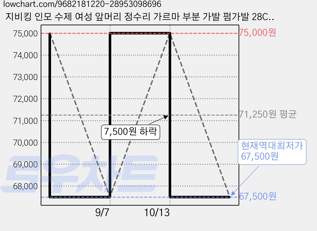 지비킹 인모 수제 여성 앞머리 정수리 가르마 부분 가발 펌가발 28CM, 1개, 자연블랙 가격 변동 차트, 현재가 67,500원, 역대최저가