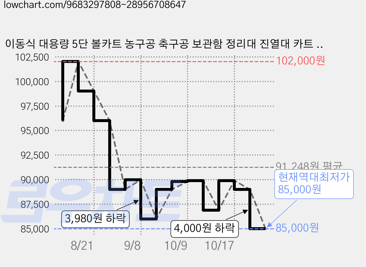 이동식 대용량 5단 볼카트 농구공 축구공 보관함 정리대 진열대 카트 155x35x155 cm, 1개, 블랙 가격 변동 차트, 현재가 85,000원, 역대최저가