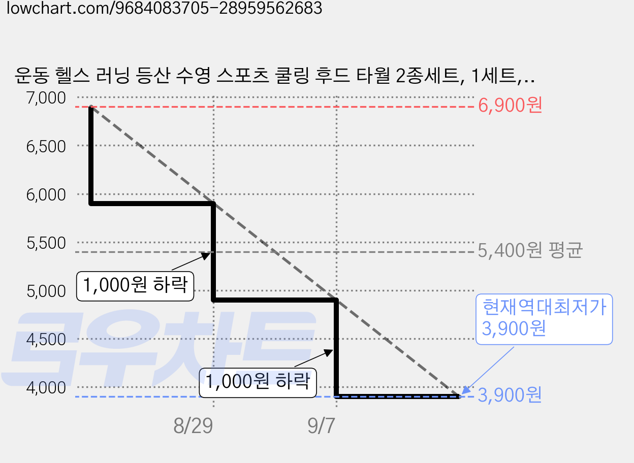 운동 헬스 러닝 등산 수영 스포츠 쿨링 후드 타월 2종세트, 1세트, 그레이+블루 가격 변동 차트, 현재가 3,900원, 역대최저가