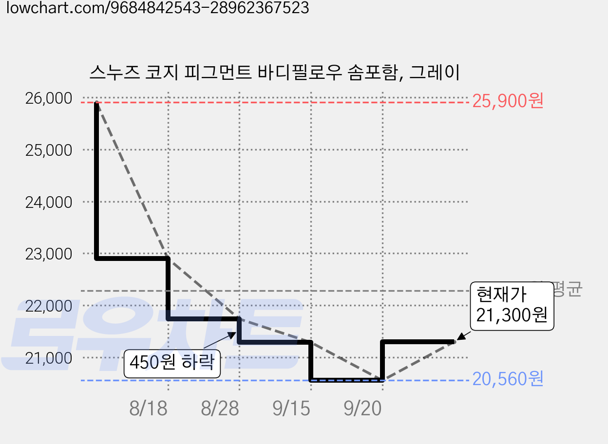 스누즈 코지 피그먼트 바디필로우 솜포함, 그레이 가격 변동 차트, 현재가 21,300원, 관측 최저가 20,560원