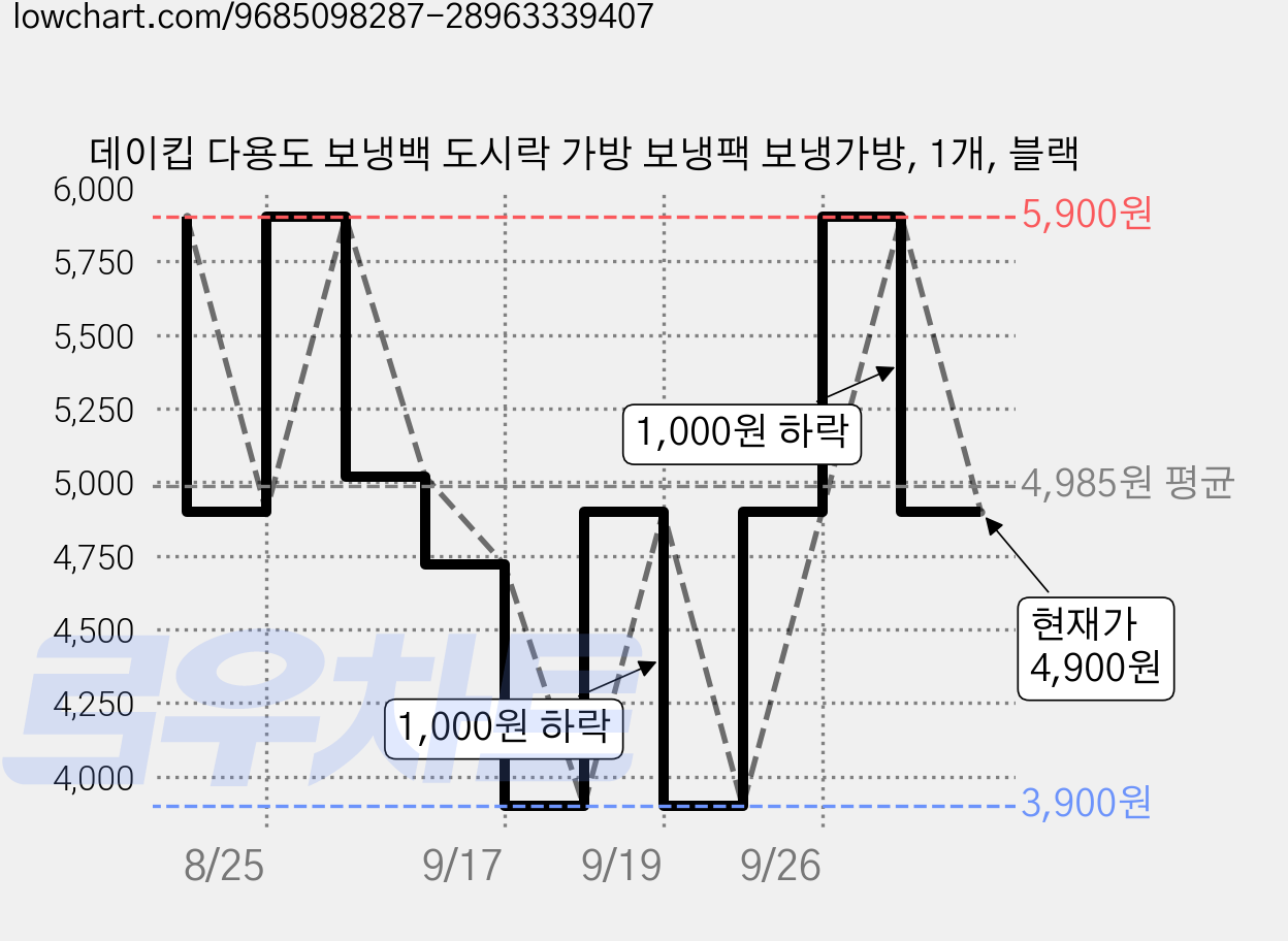 데이킵 다용도 보냉백 도시락 가방 보냉팩 보냉가방, 1개, 블랙 가격 변동 차트, 현재가 4,900원, 관측 최저가 3,900원