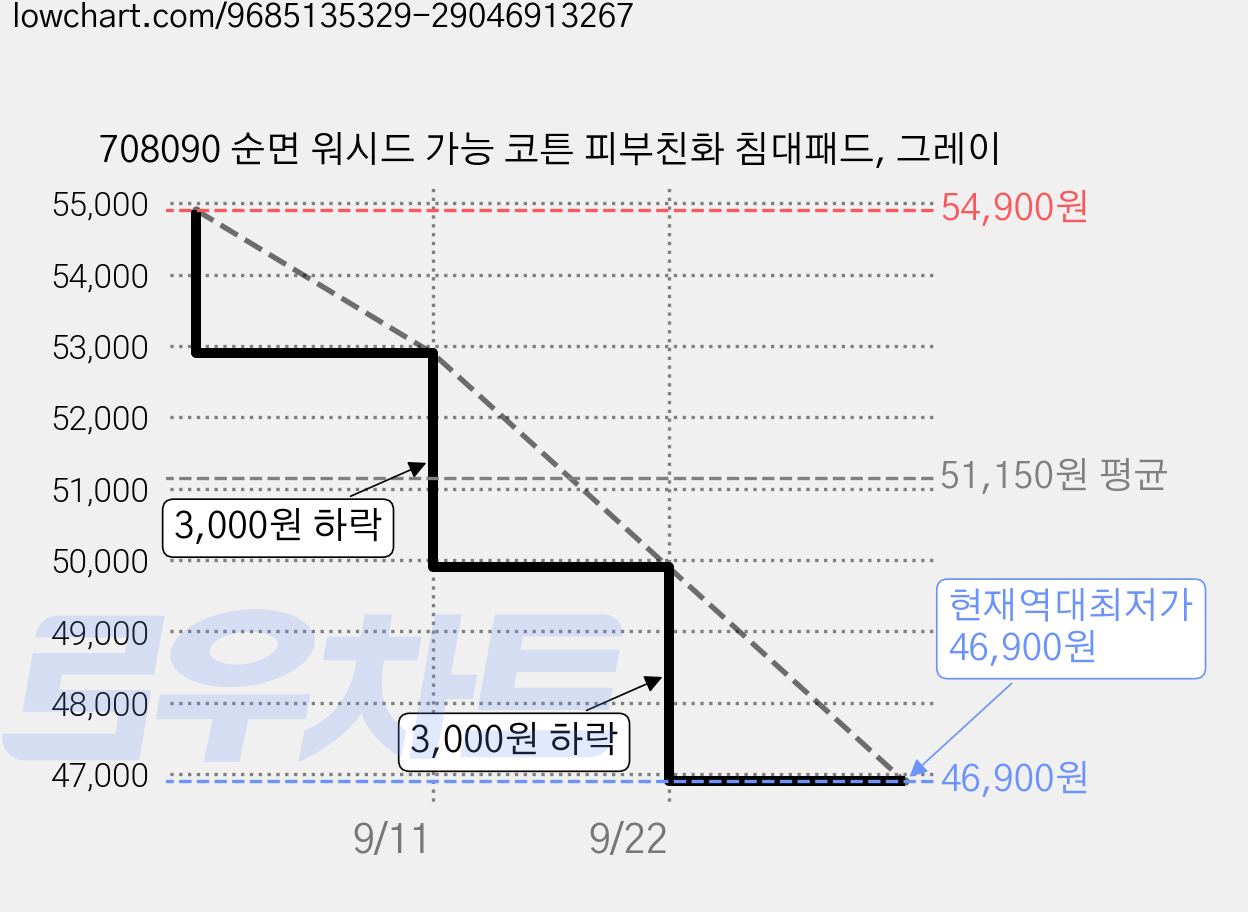 708090 순면 워시드 가능 코튼 피부친화 침대패드, 그레이 가격 변동 차트, 현재가 46,900원, 역대최저가