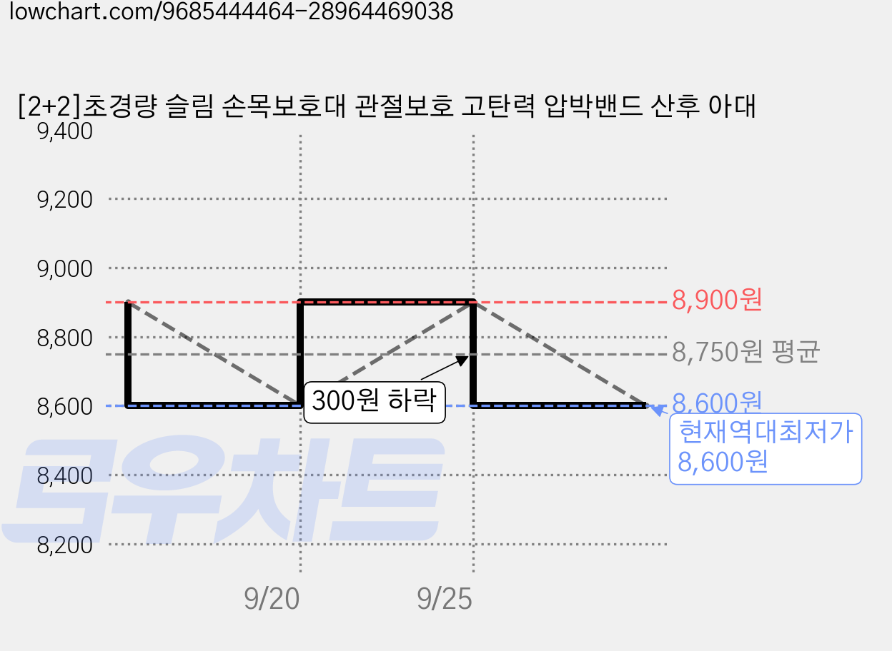 [2+2]초경량 슬림 손목보호대 관절보호 고탄력 압박밴드 산후 아대 가격 변동 차트, 현재가 8,600원, 역대최저가