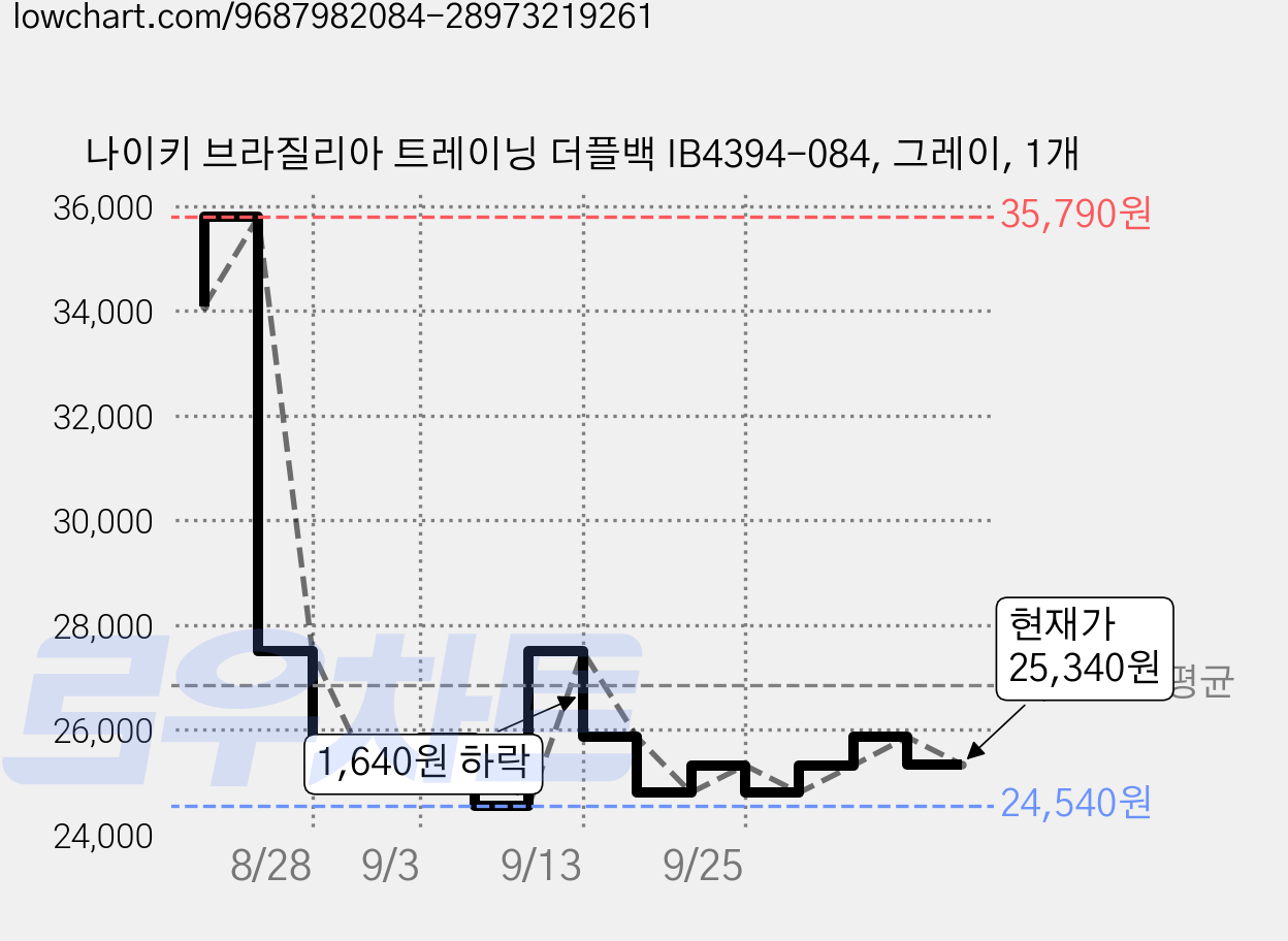 나이키 브라질리아 트레이닝 더플백 IB4394-084, 그레이, 1개 가격 변동 차트, 현재가 25,340원, 관측 최저가 24,540원