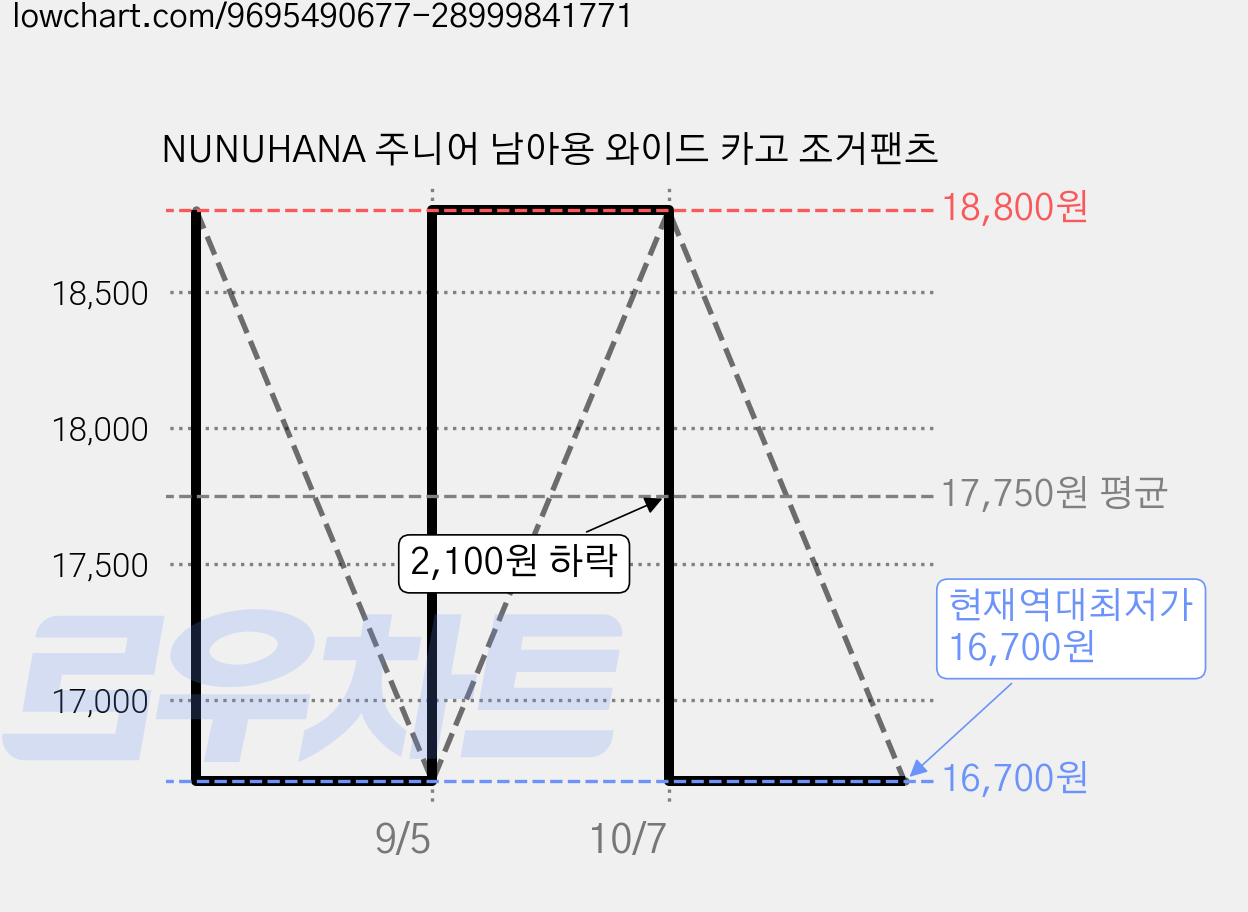NUNUHANA 주니어 남아용 와이드 카고 조거팬츠 가격 변동 차트, 현재가 16,700원, 역대최저가